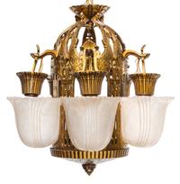 An American Art Deco Gilt Metal and Frosted Glass Five-Light Chandelier, Biddle Co. Heigth 14 inches.
