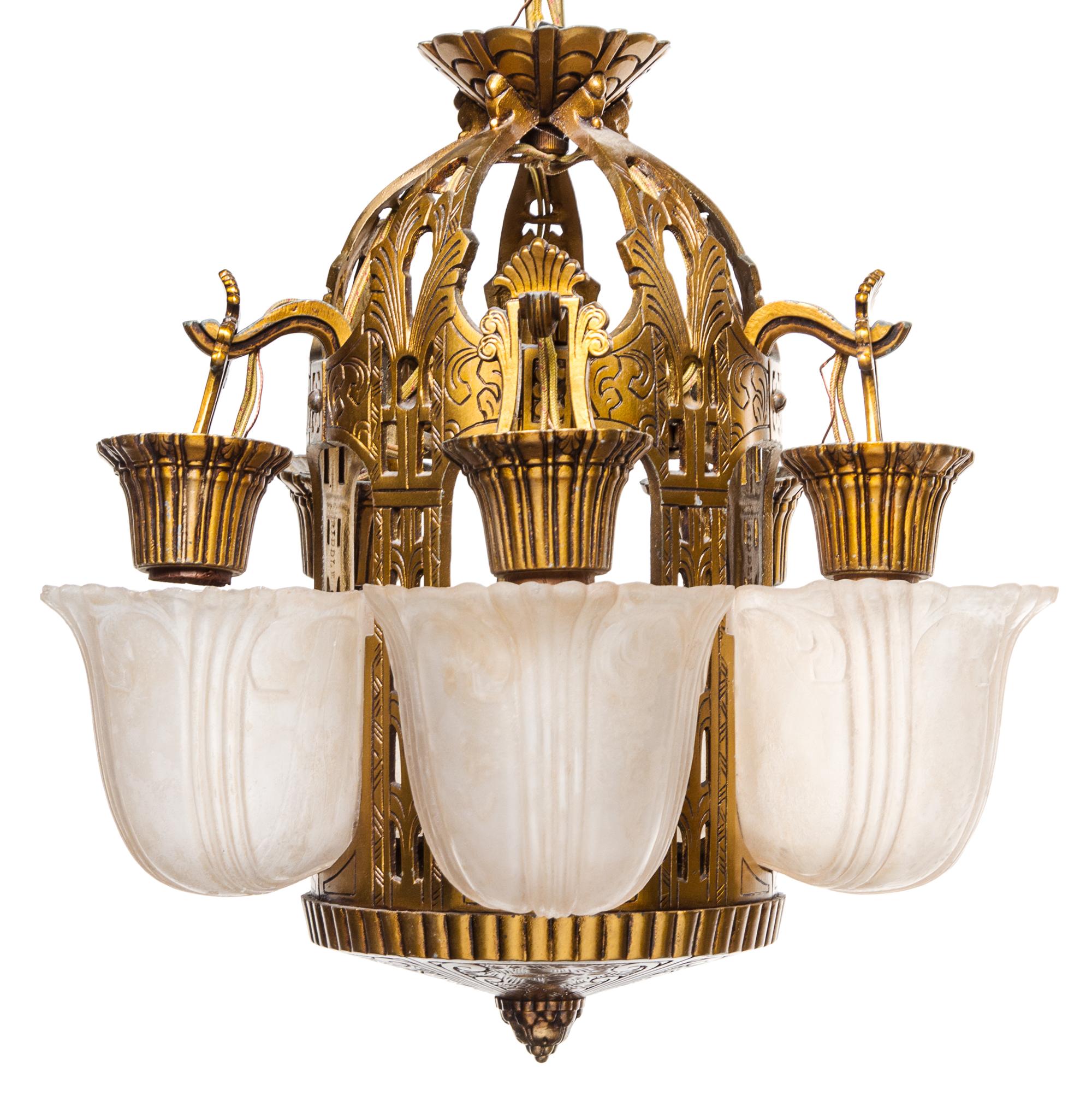 An American Art Deco Gilt Metal and Frosted Glass Five-Light Chandelier, Biddle Co. Heigth 14 inches.