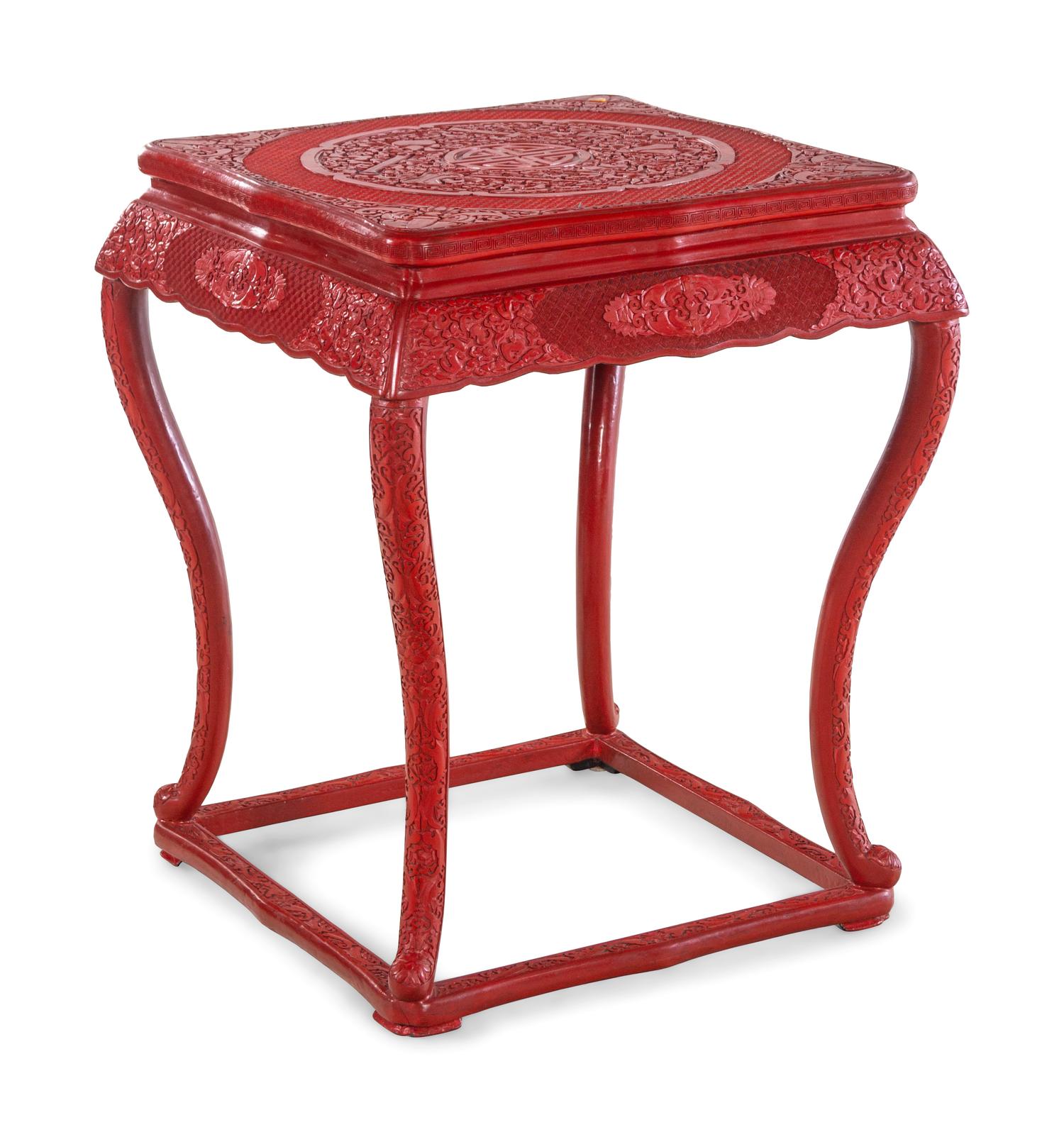 A Chinese Export Carved Red Lacquer Game Table and Four Stools