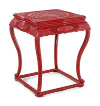 A Chinese Export Carved Red Lacquer Game Table and Four Stools