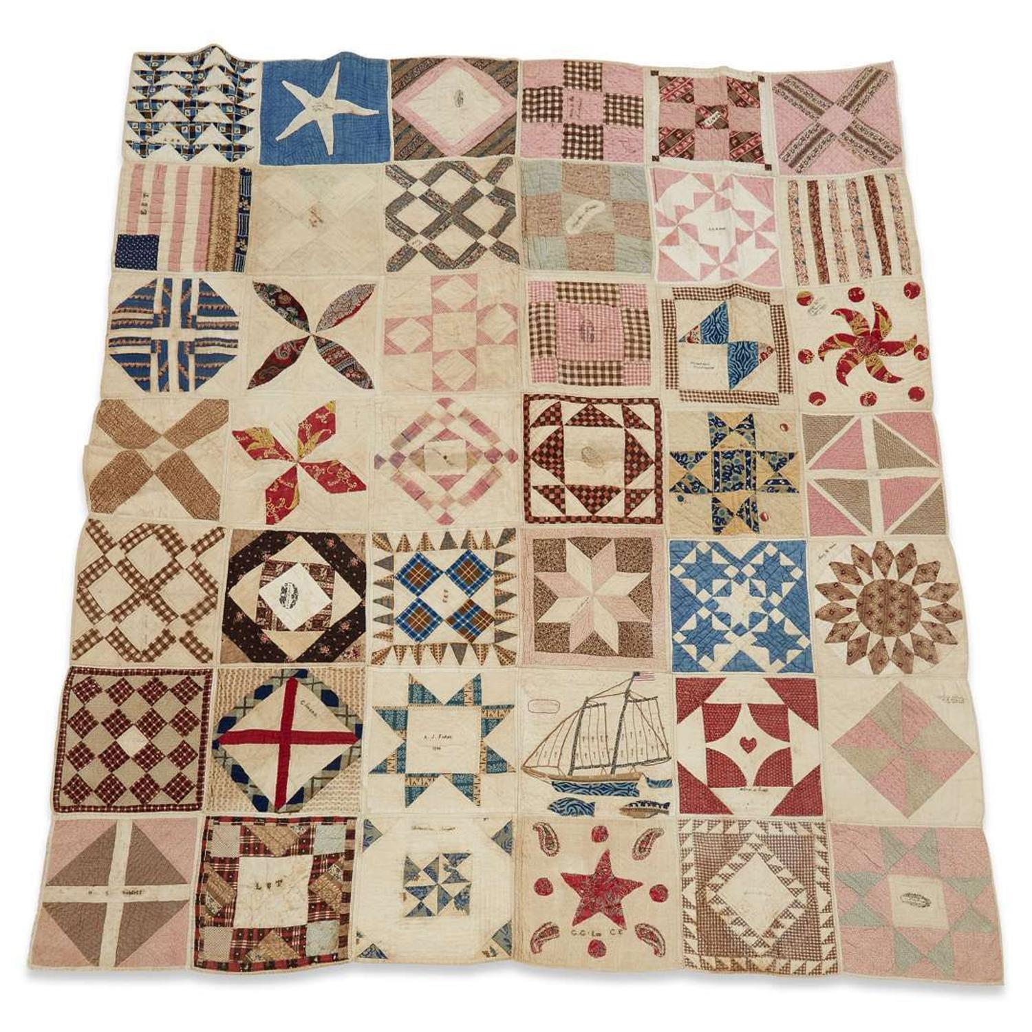 Pieced, appliquéd and embroidered Patriotic album quilt Cape Elizabeth, ME, circa 1845