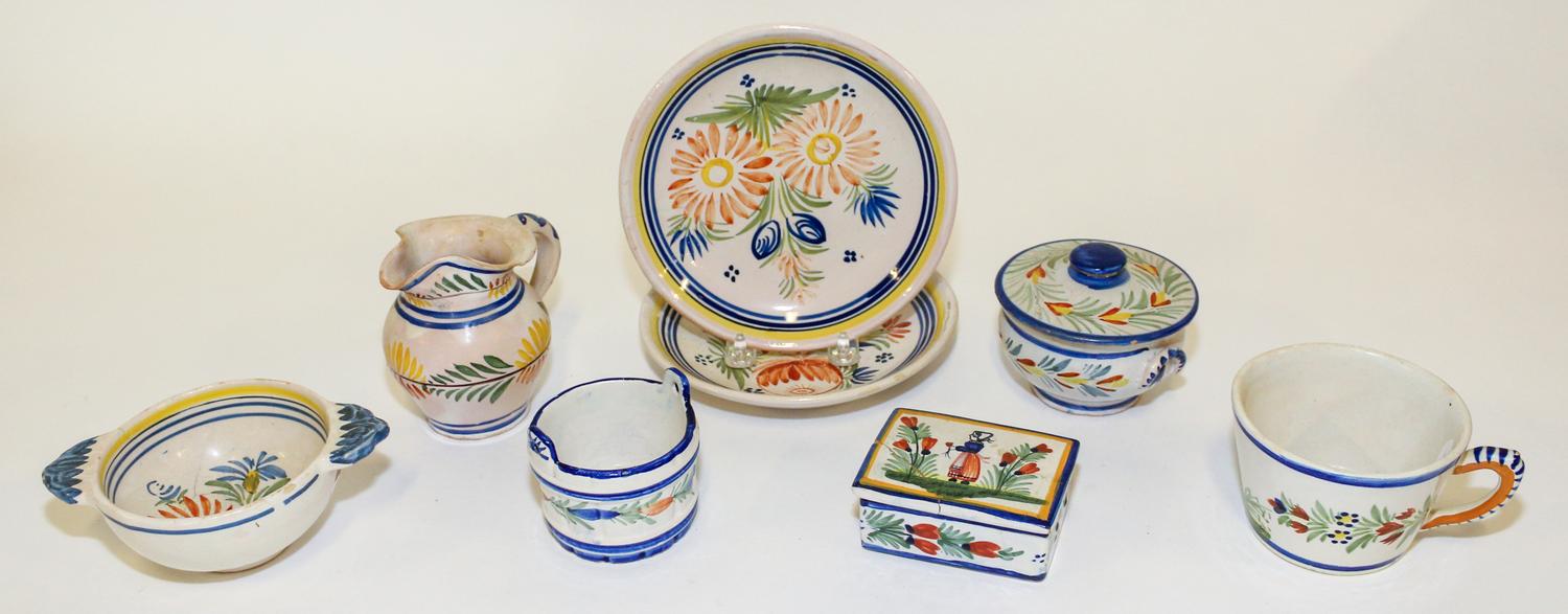 A Group of Eight Quimper Pottery Articles Diameter of largest 6 inches.