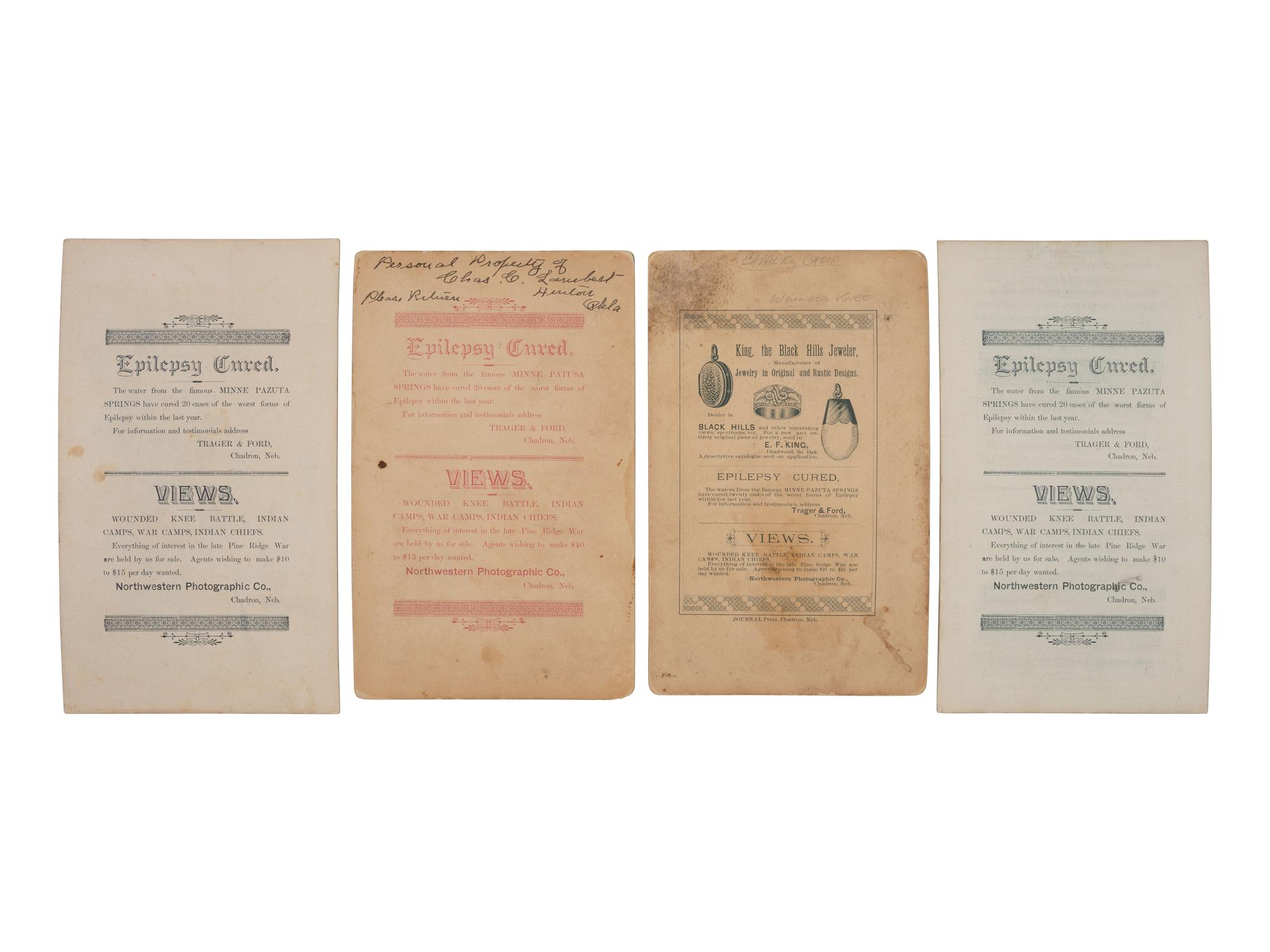 [WOUNDED KNEE]. A group of 5 boudoir photographs of 7th US Cavalry at Pine Ridge Agency, incl. officers and camp scenes. Chadron, NE: Northwestern Photographic Co., ca 1890-1891.