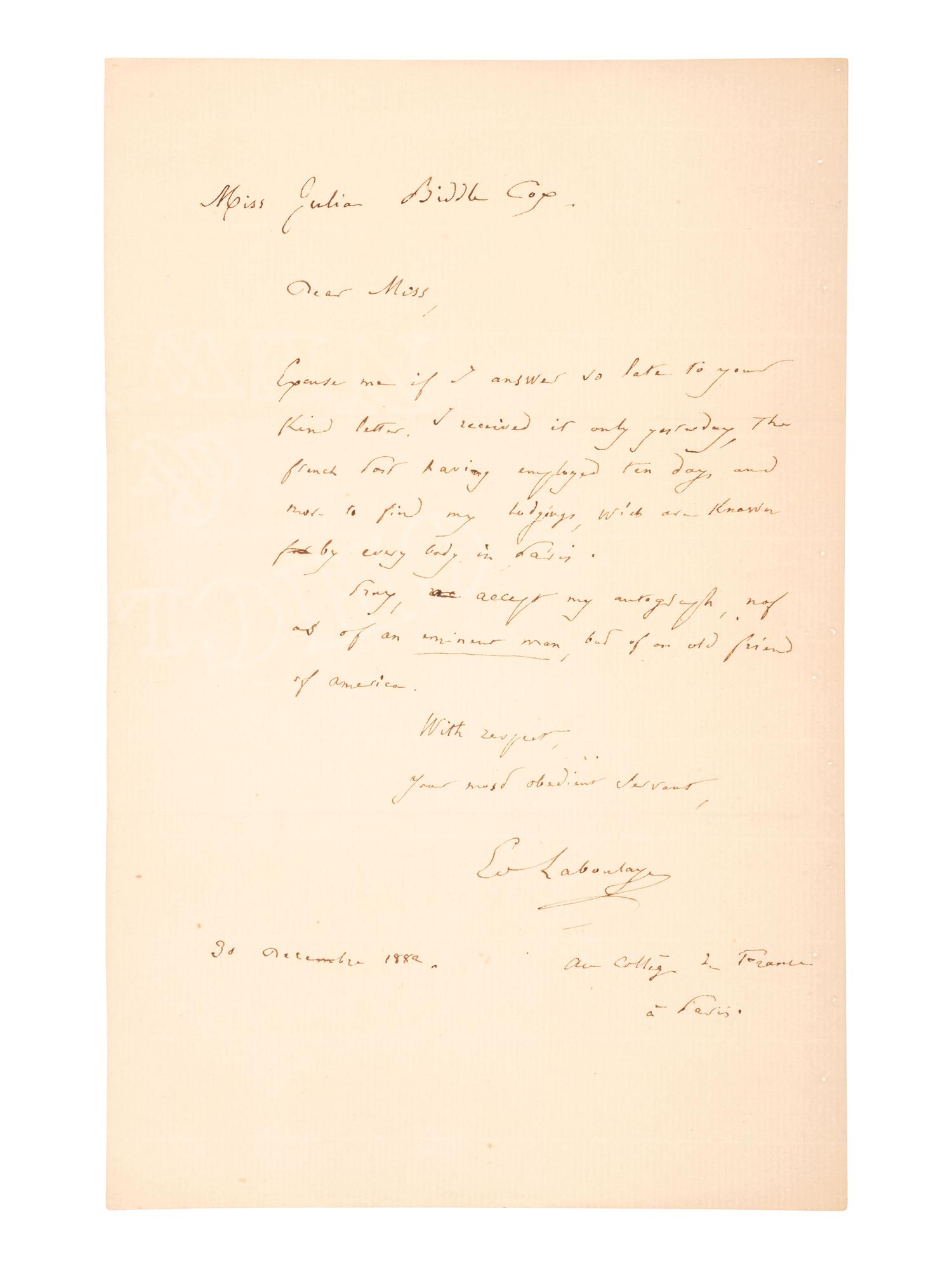 [STATUE OF LIBERTY]. DE LABOULAYE, Édouard René (1811-1883). Autograph letter signed ("Ed Laboulaye"). Paris, 30 December 1882.