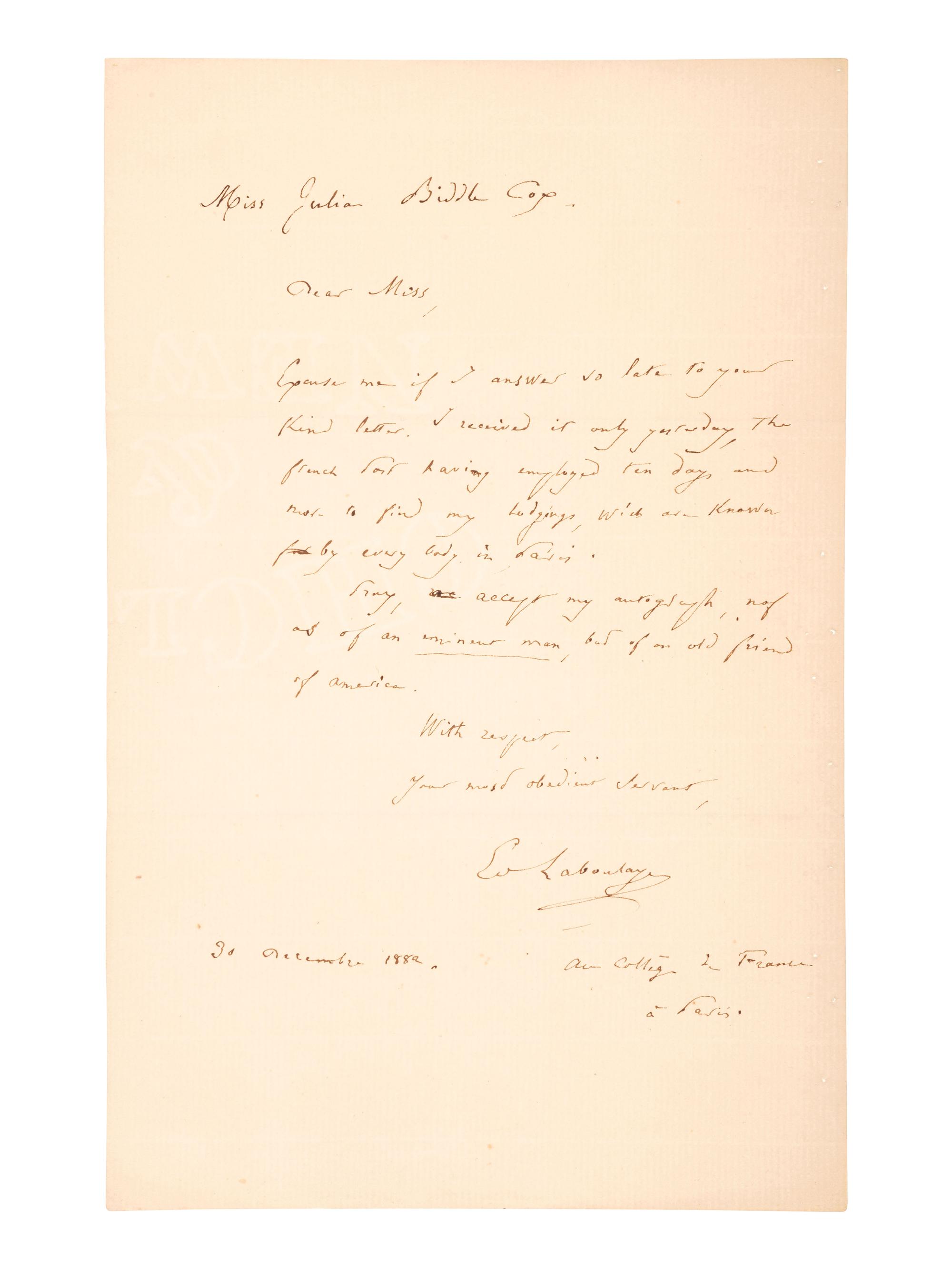 [STATUE OF LIBERTY]. DE LABOULAYE, Édouard René (1811-1883). Autograph letter signed ("Ed Laboulaye"). Paris, 30 December 1882.