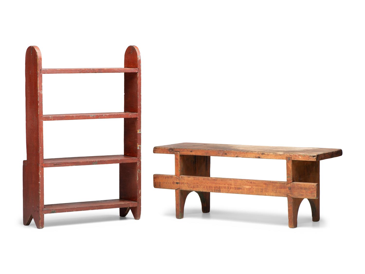 A Paint Decorated Miniature Wood Bucket Bench and Bench