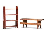 A Paint Decorated Miniature Wood Bucket Bench and Bench