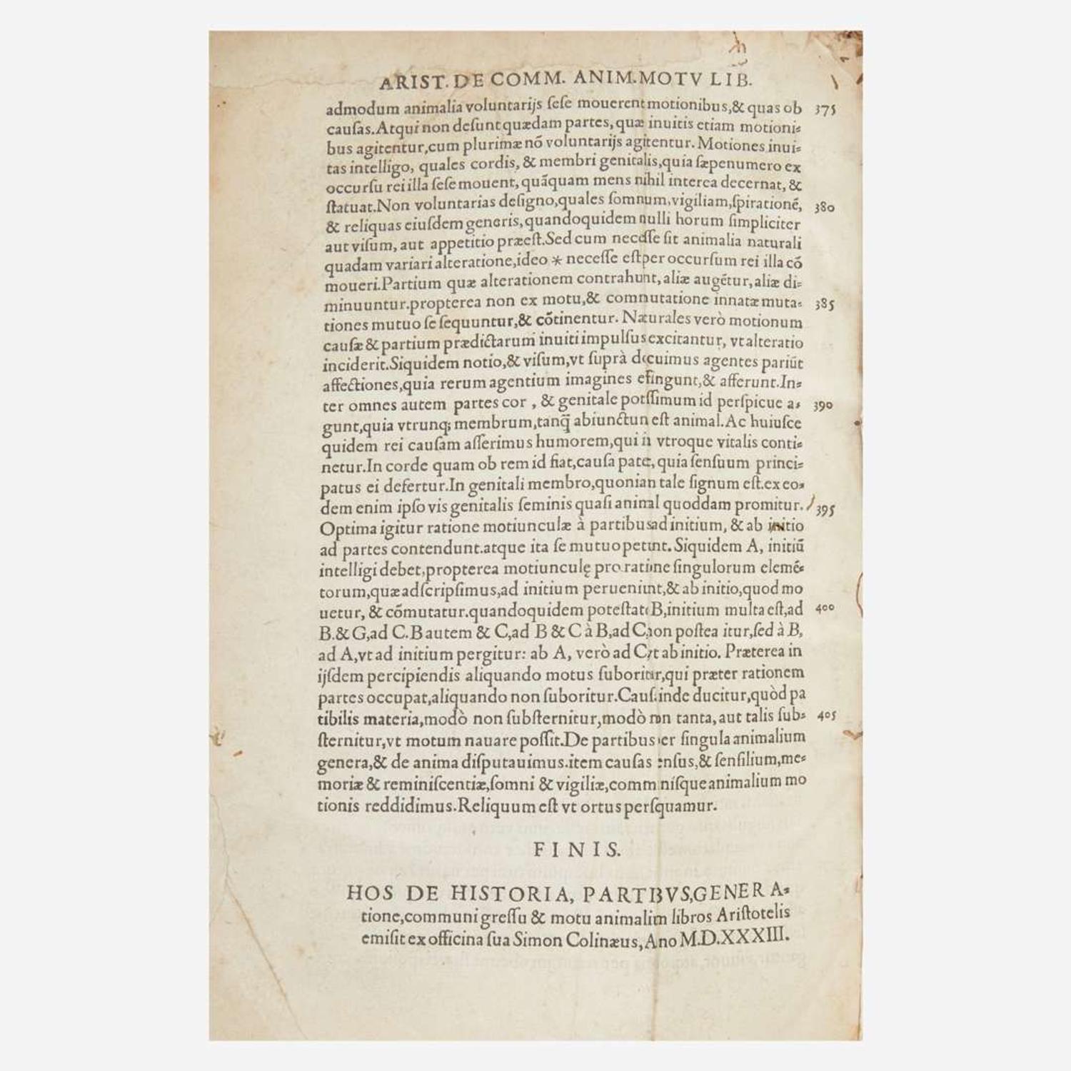 [Early Printing] Aristotle In hoc volumine haec continentur...de historia animalium libri...de partibus animalium & earum causis libri...