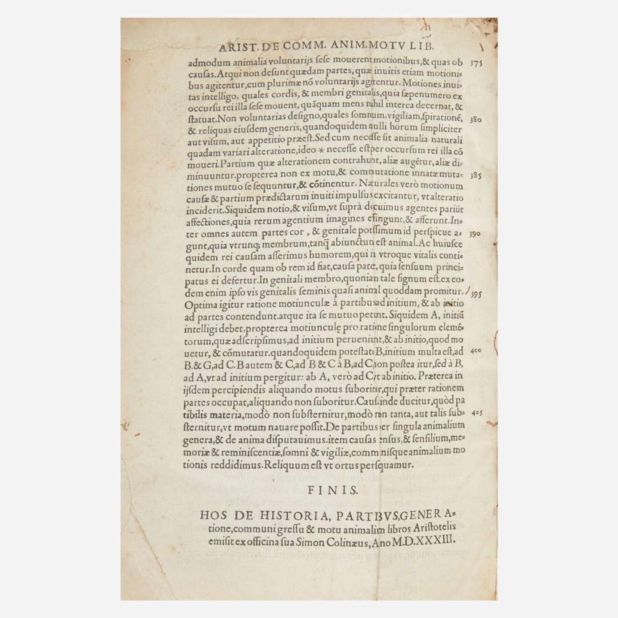 [Early Printing] Aristotle In hoc volumine haec continentur...de historia animalium libri...de partibus animalium & earum causis libri...