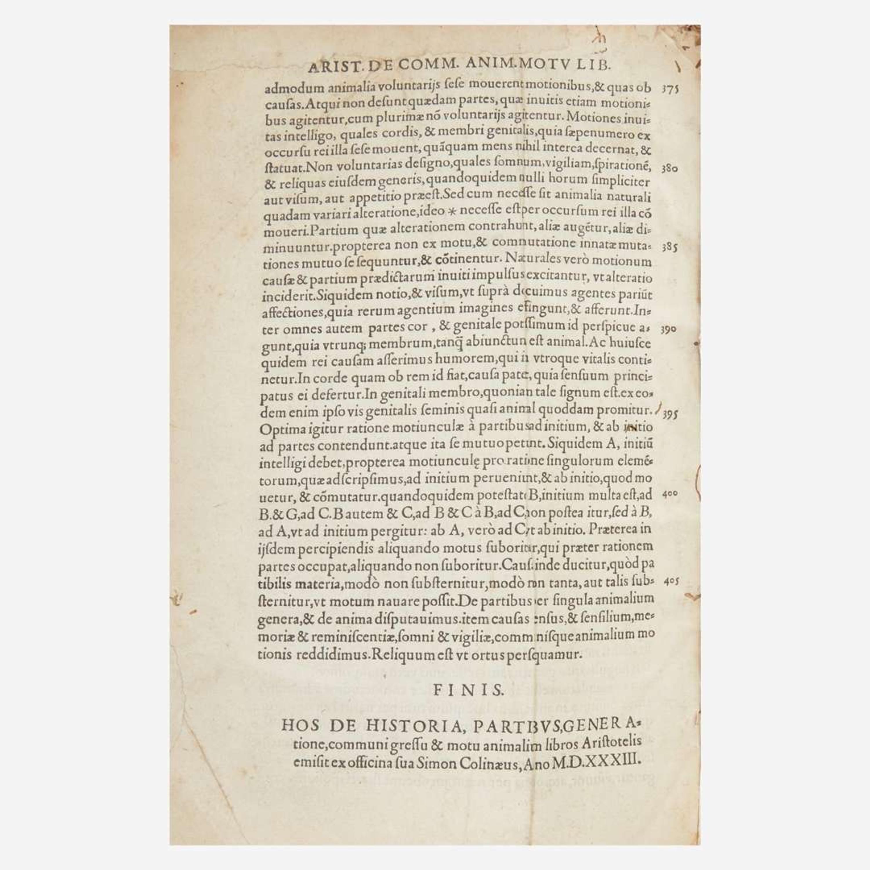 [Early Printing] Aristotle In hoc volumine haec continentur...de historia animalium libri...de partibus animalium & earum causis libri...