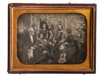[EARLY PHOTOGRAPHY]. Half plate daguerreotype scene of a group of playful musicians and guests posed together with diverse instruments before a detailed studio backdrop.