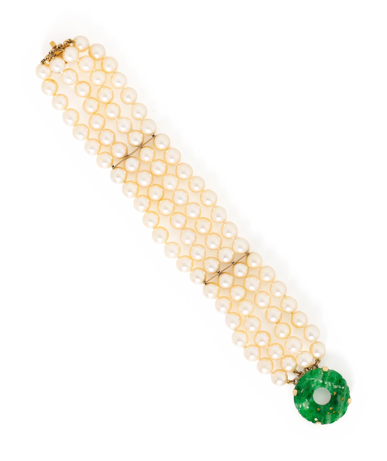 CULTURED PEARL AND JADE BRACELET