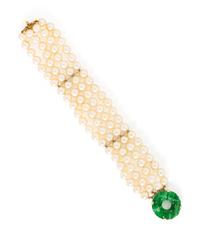 CULTURED PEARL AND JADE BRACELET