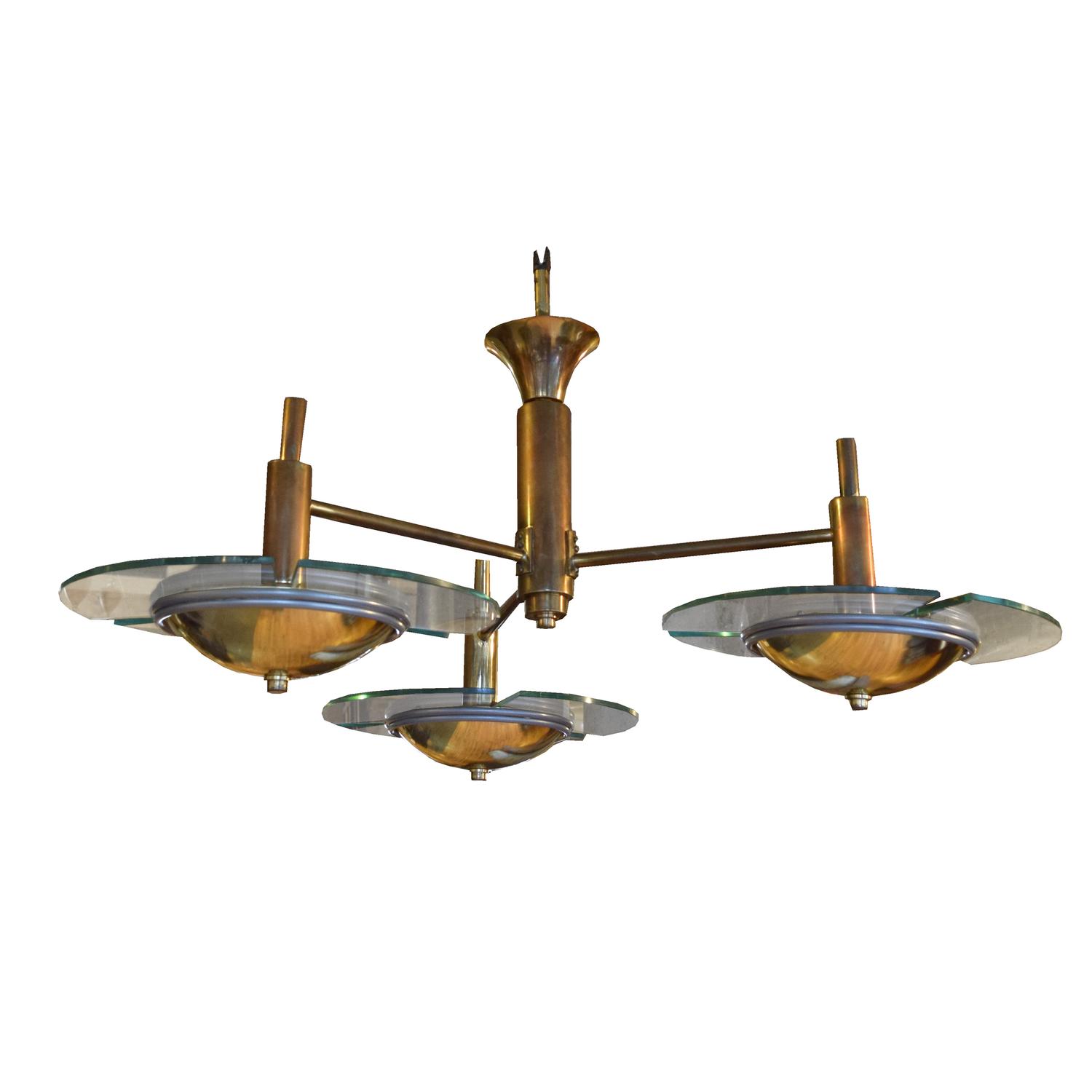 A Three Arm Brass and Glass Light Fixture 44" W x 44" D x 19" H — France, Mid-20th Century