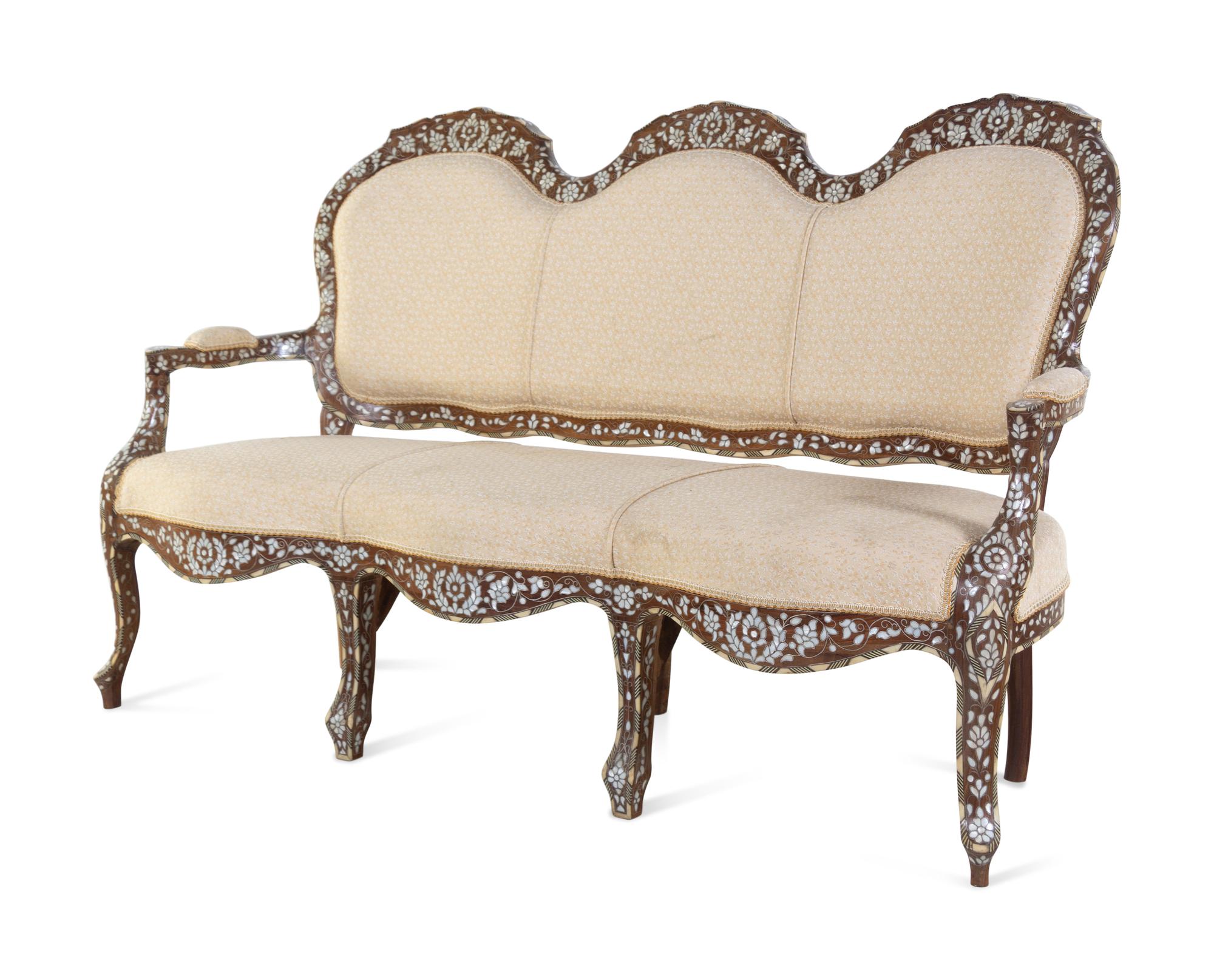 A Syrian Mother-of-Pearl and Metal Inlaid Walnut Settee