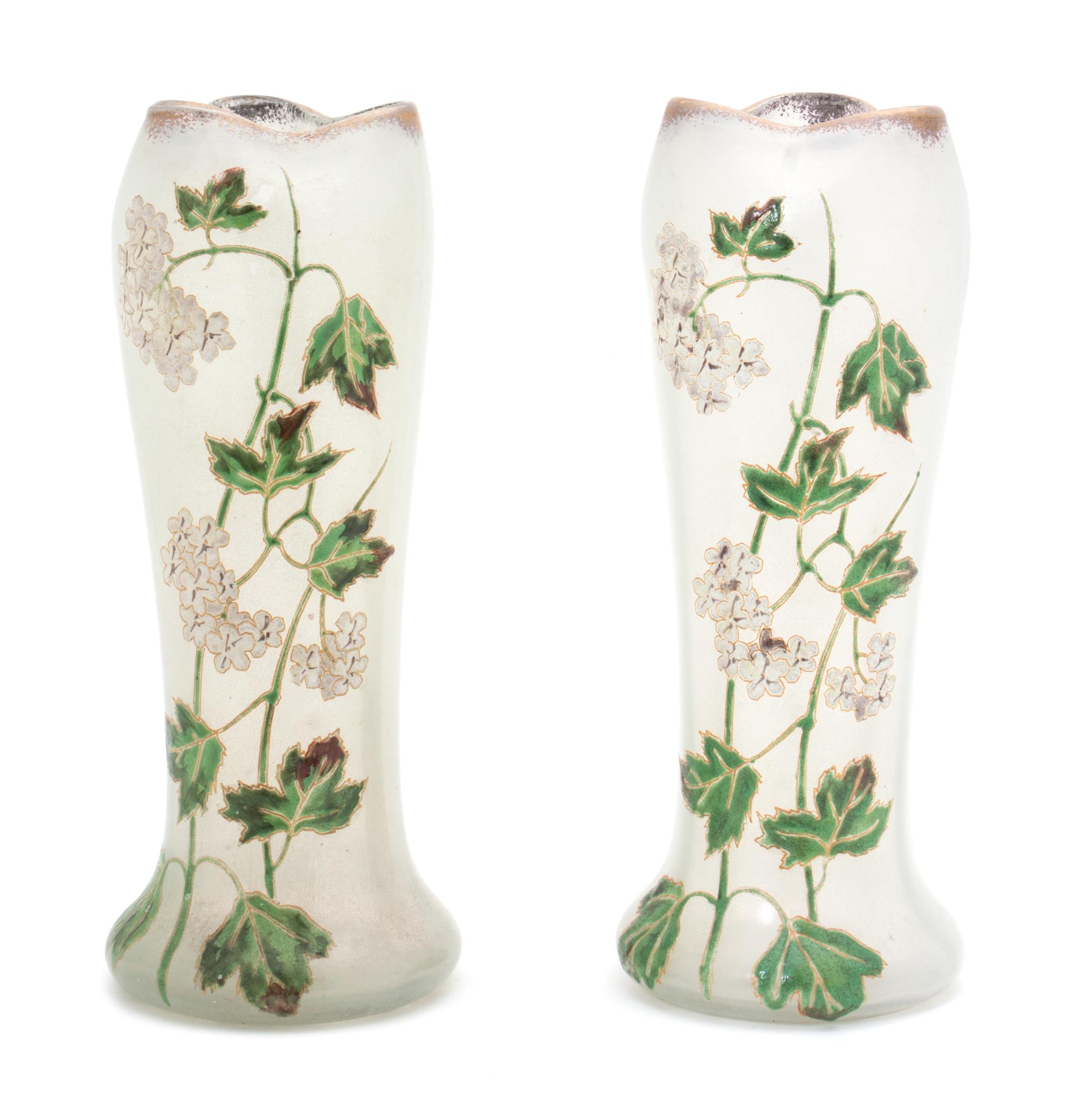 A Pair of Painted Glass Vases Height 10 3/4 inches.