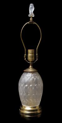 Lalique, , a Grignon pattern vase, mounted as a lamp, with a bird form finial