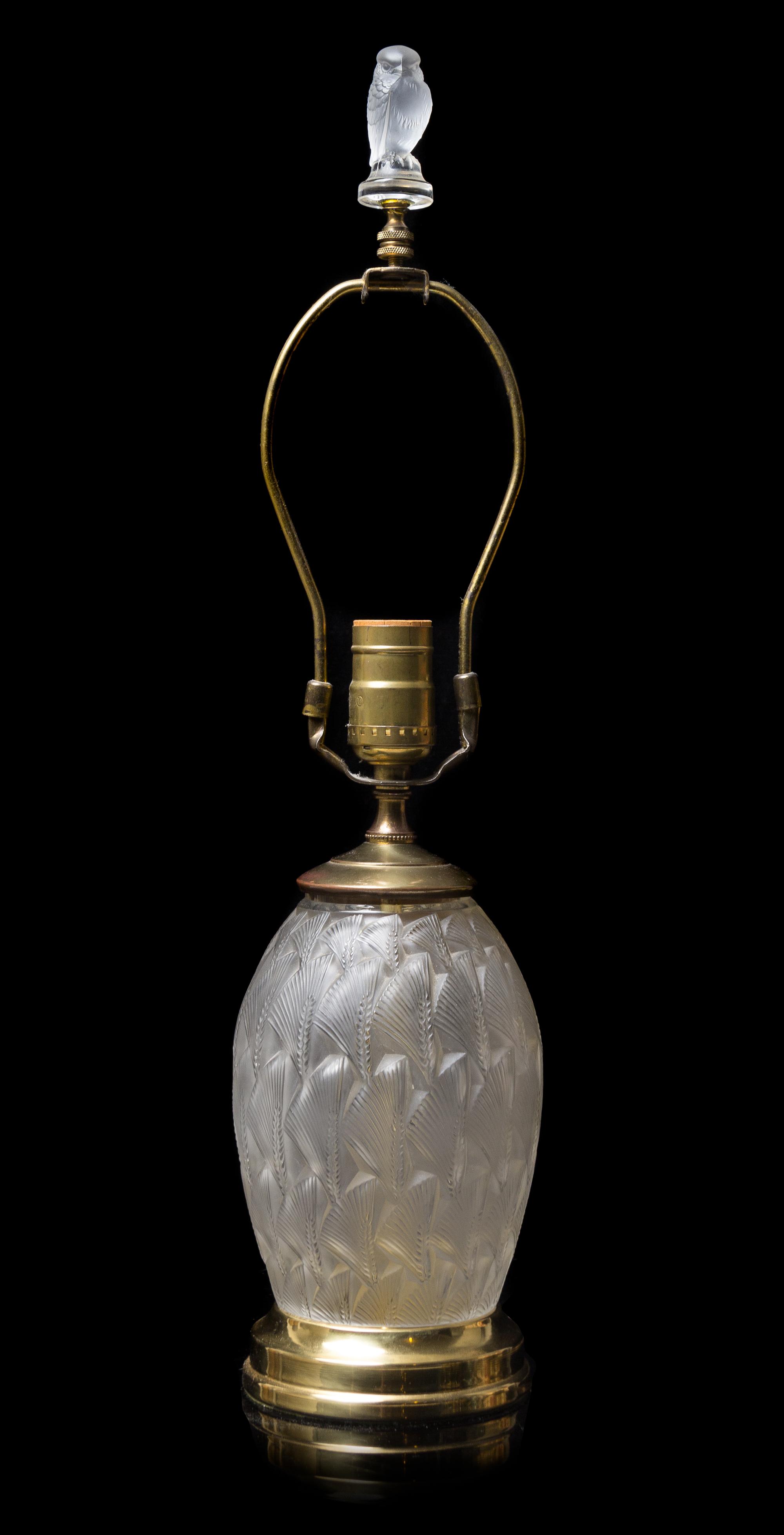 Lalique, , a Grignon pattern vase, mounted as a lamp, with a bird form finial