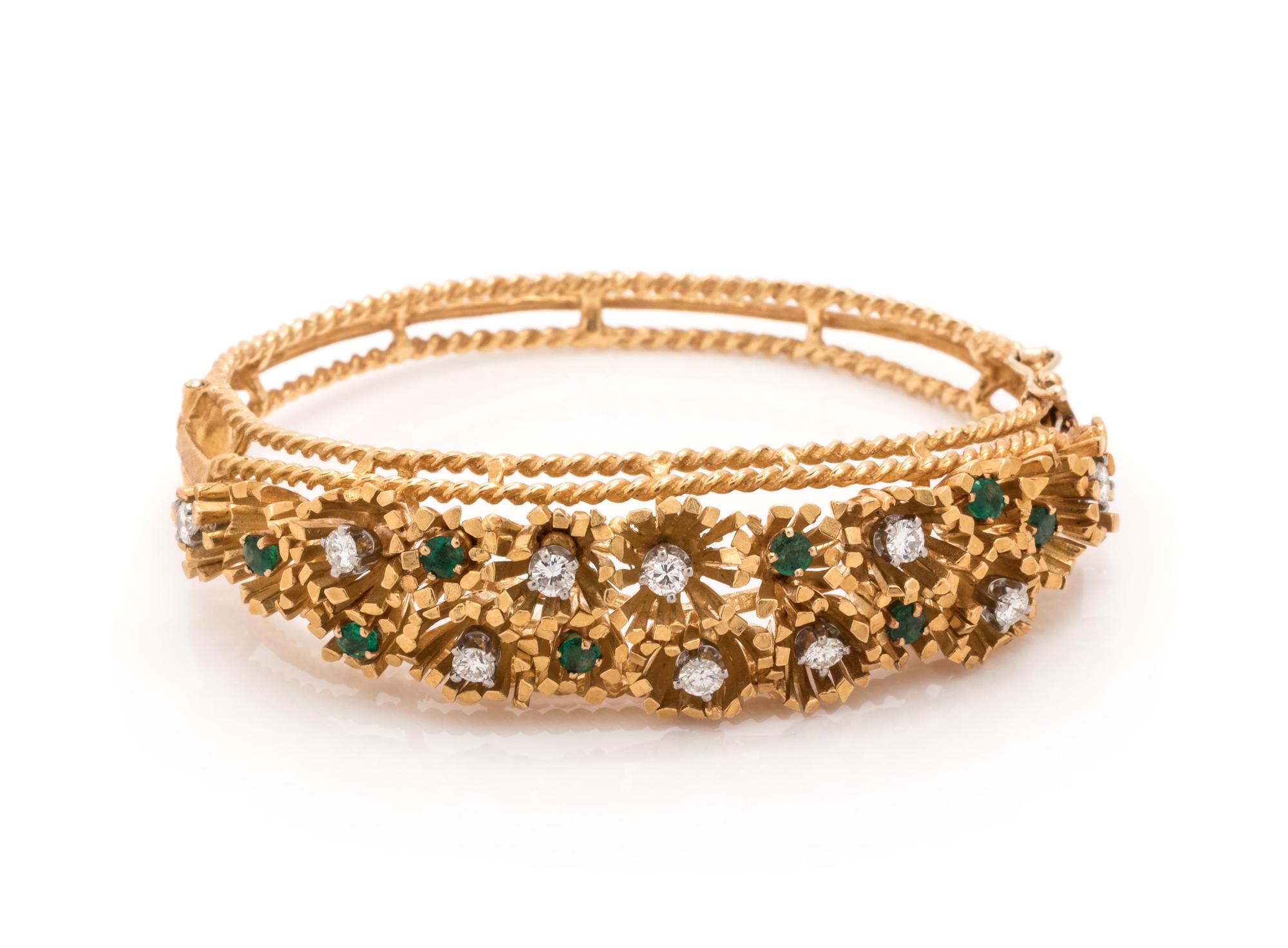 YELLOW GOLD, DIAMOND AND EMERALD BANGLE BRACELET