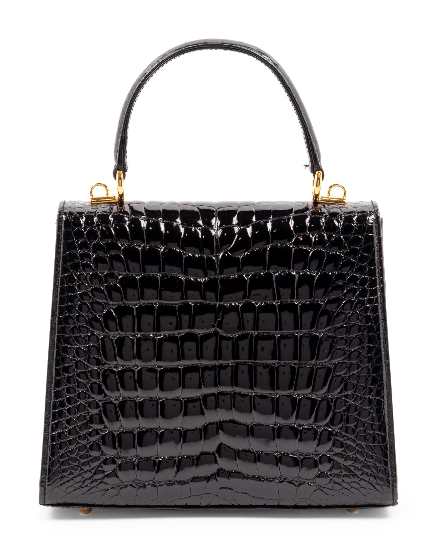 Gucci Black Patent Alligator Front Lock Handbag