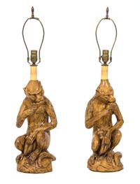 A Pair of Glazed Ceramic Monkey-Form Table Lamps Height overall 31 inches. — 20TH CENTURY