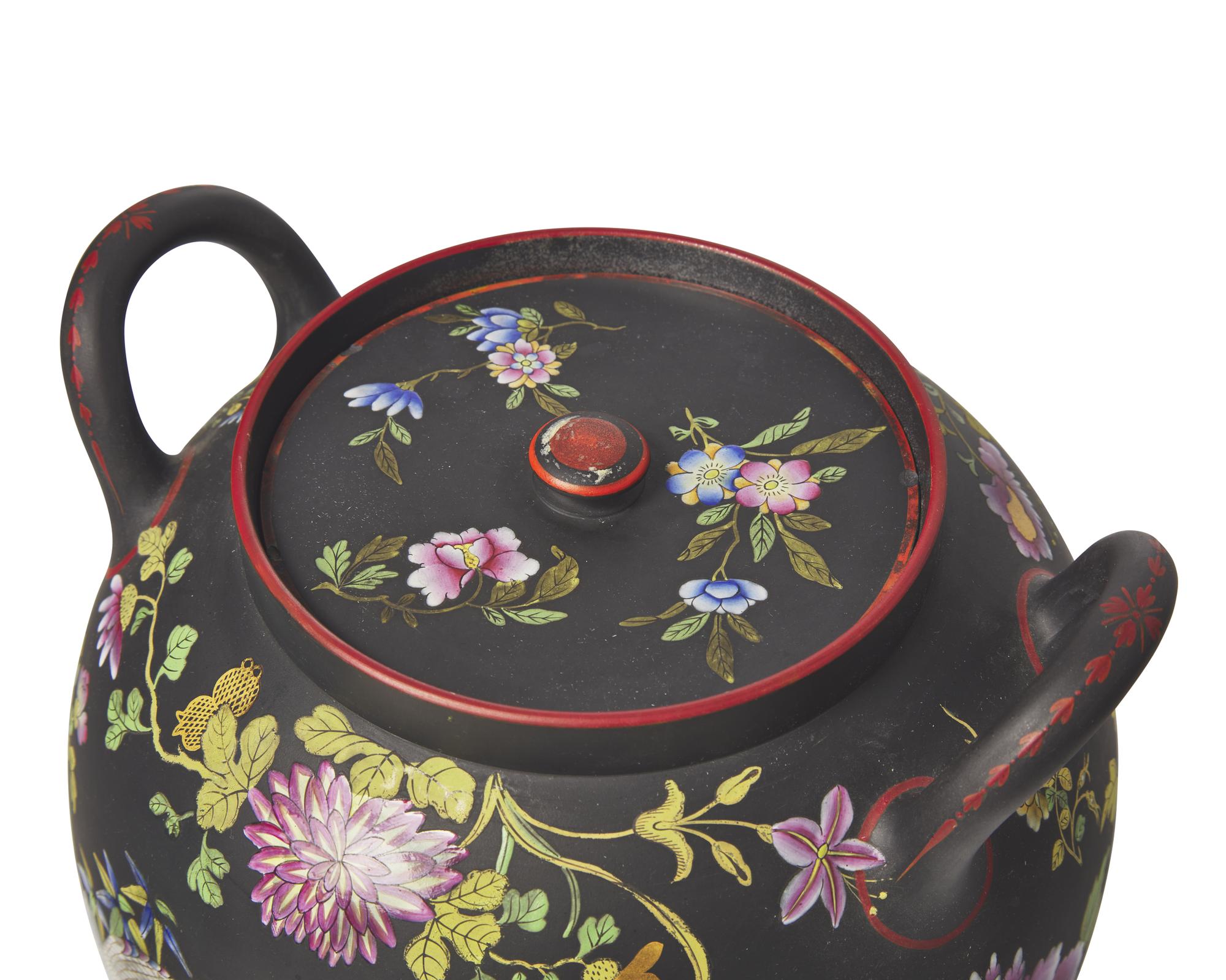 A Wedgwood Polychrome Enameled Black Basalt Potpourri Jar and Cover