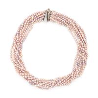 Pink Cultured Pearl, Diamond, and White Gold Torsade Necklace