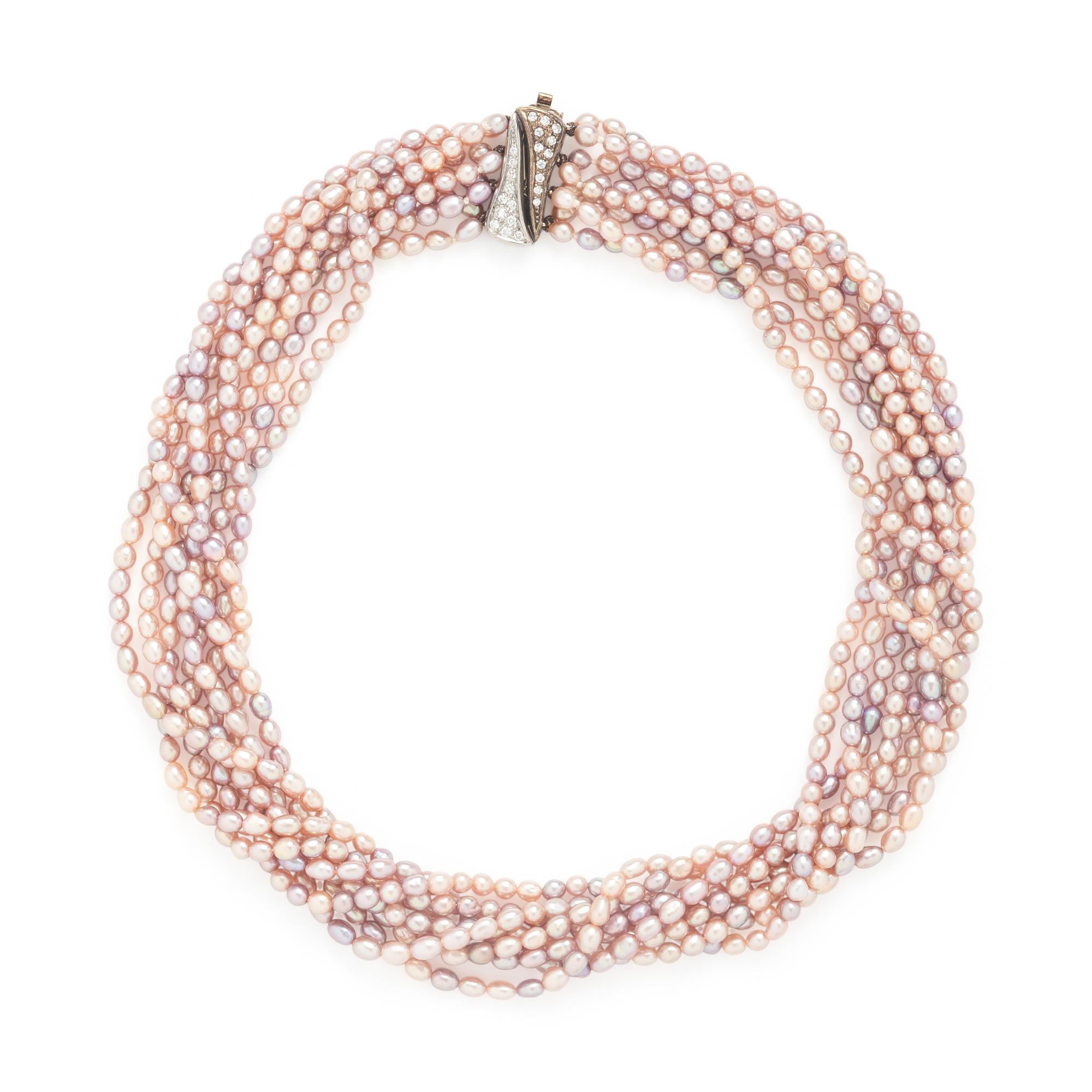 Pink Cultured Pearl, Diamond, and White Gold Torsade Necklace