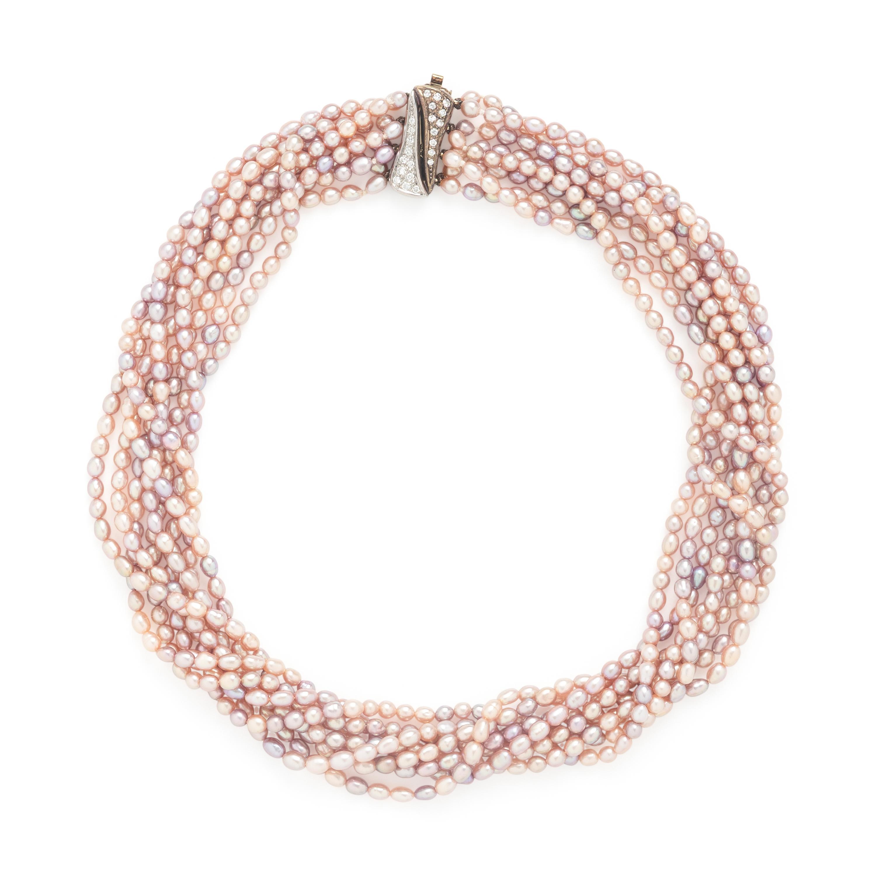 Pink Cultured Pearl, Diamond, and White Gold Torsade Necklace