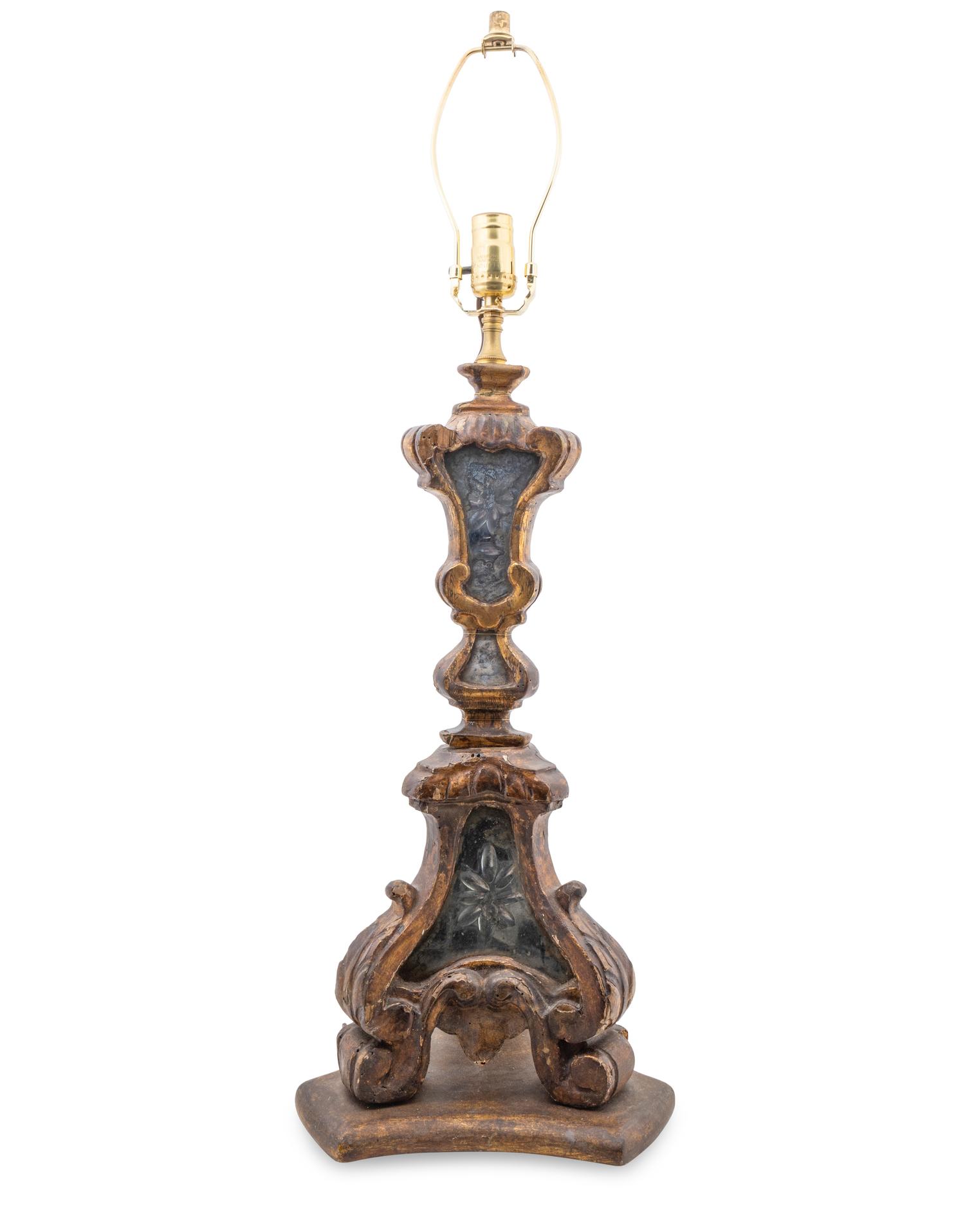 An Italian Painted Wood and Etched Glass Pricket Stick