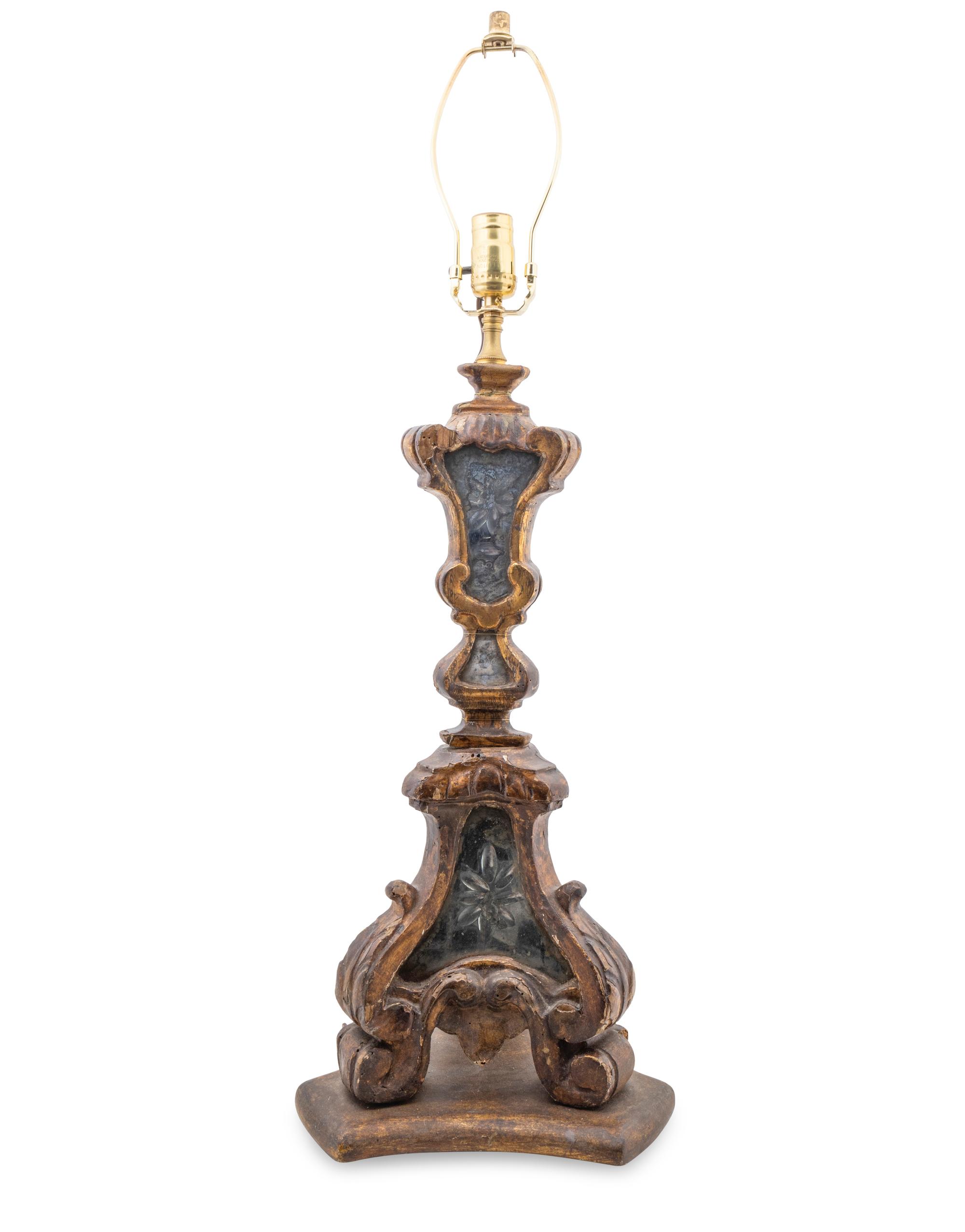 An Italian Painted Wood and Etched Glass Pricket Stick