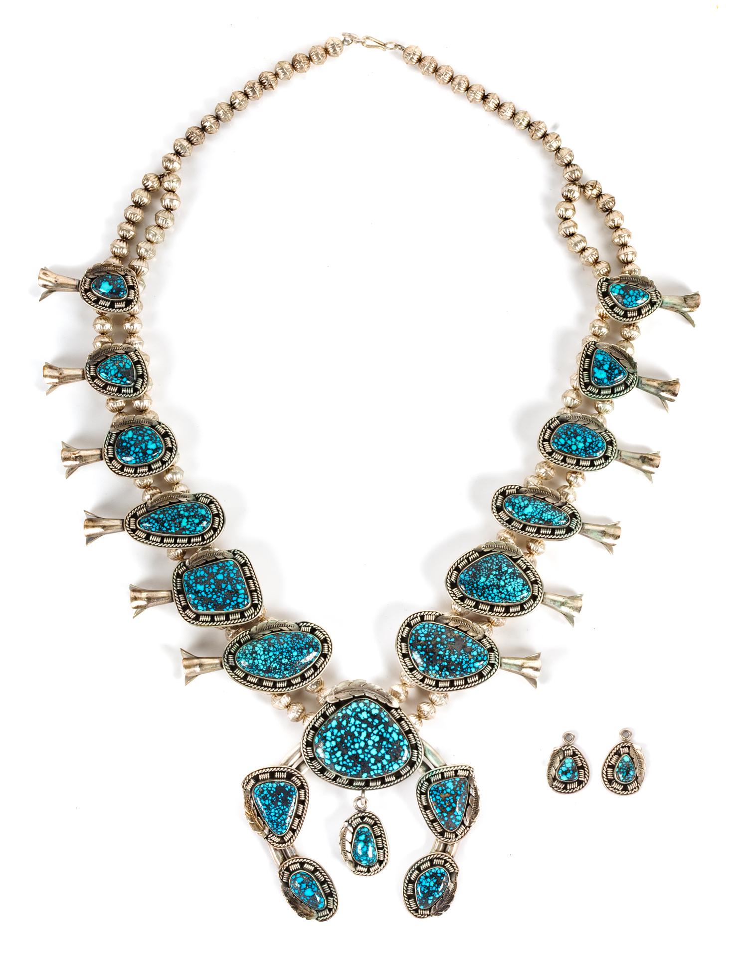 Southwestern Silver and High-Grade Spiderweb Turquoise Squash Blossom Necklace and Earrings