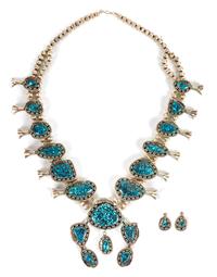 Southwestern Silver and High-Grade Spiderweb Turquoise Squash Blossom Necklace and Earrings