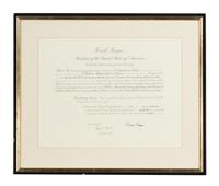 Reagan, Ronald (1911-2004). Partially engraved document signed ("Ronald Reagan") appointing J. William Middendorf II member of the board of directors to the Inter-American Foundation. Washington, 6 September 1983.