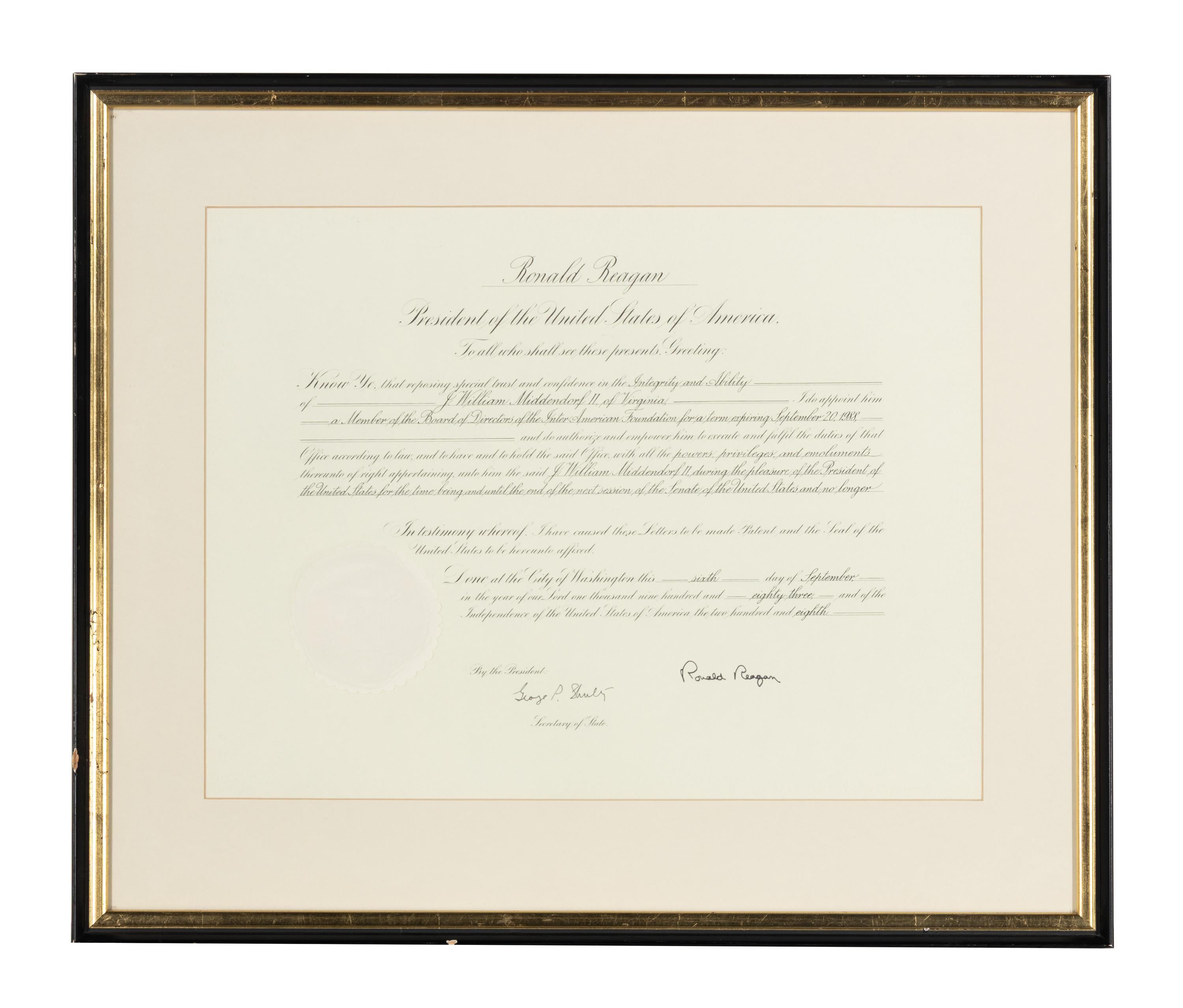 Reagan, Ronald (1911-2004). Partially engraved document signed ("Ronald Reagan") appointing J. William Middendorf II member of the board of directors to the Inter-American Foundation. Washington, 6 September 1983.