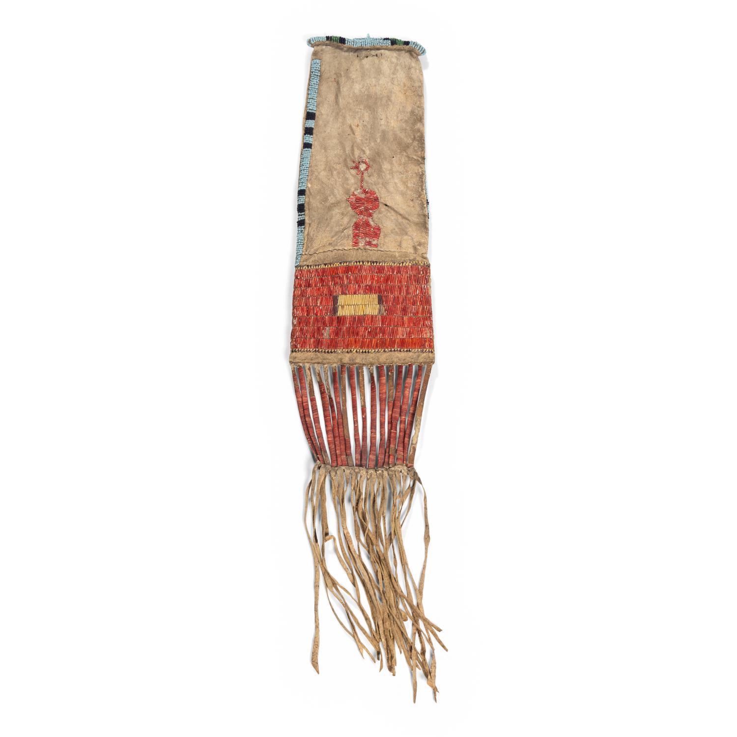 Sioux Quilled and Beaded Hide Tobacco Bag, with Sun and Human Figure