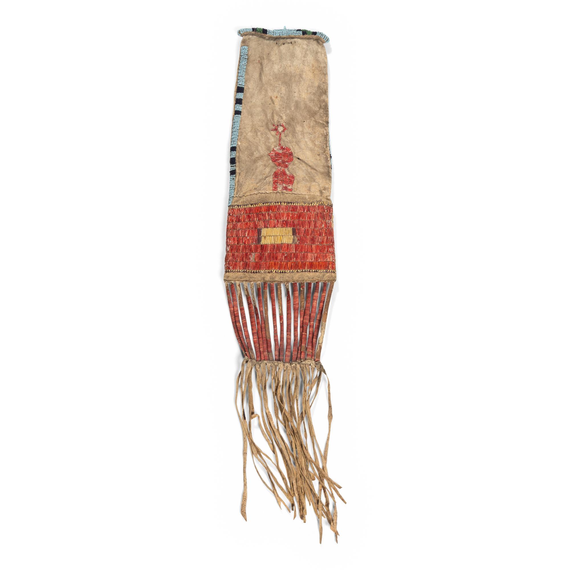 Sioux Quilled and Beaded Hide Tobacco Bag, with Sun and Human Figure