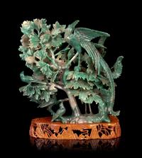 A Large Chinese Hardstone Figural Group of Birds and Flowers