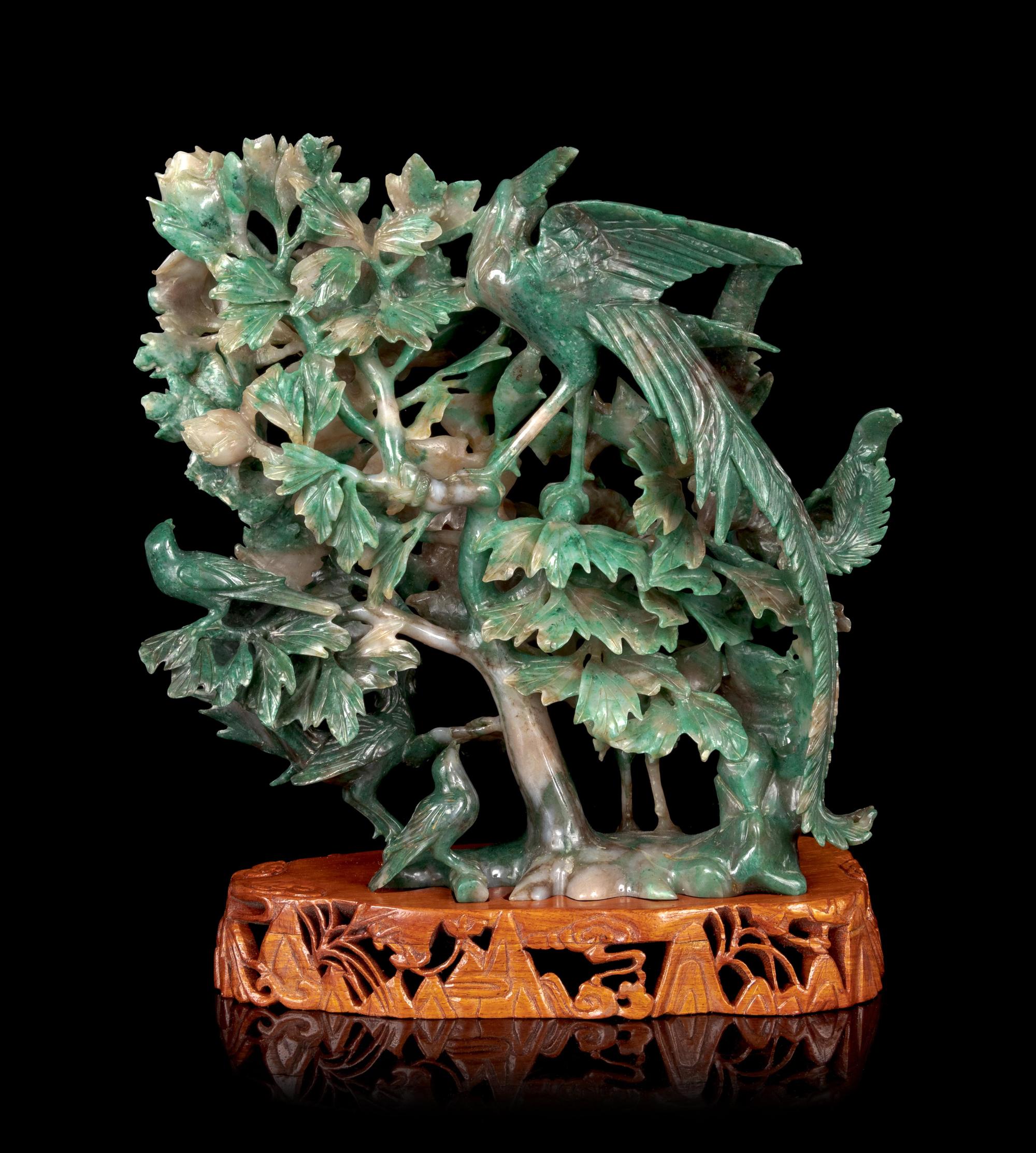 A Large Chinese Hardstone Figural Group of Birds and Flowers