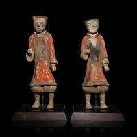 A Pair of Chinese Painted Grey Pottery Standing Figures of Soldiers, Han Dynasty — 漢 彩繪步兵陶俑兩件