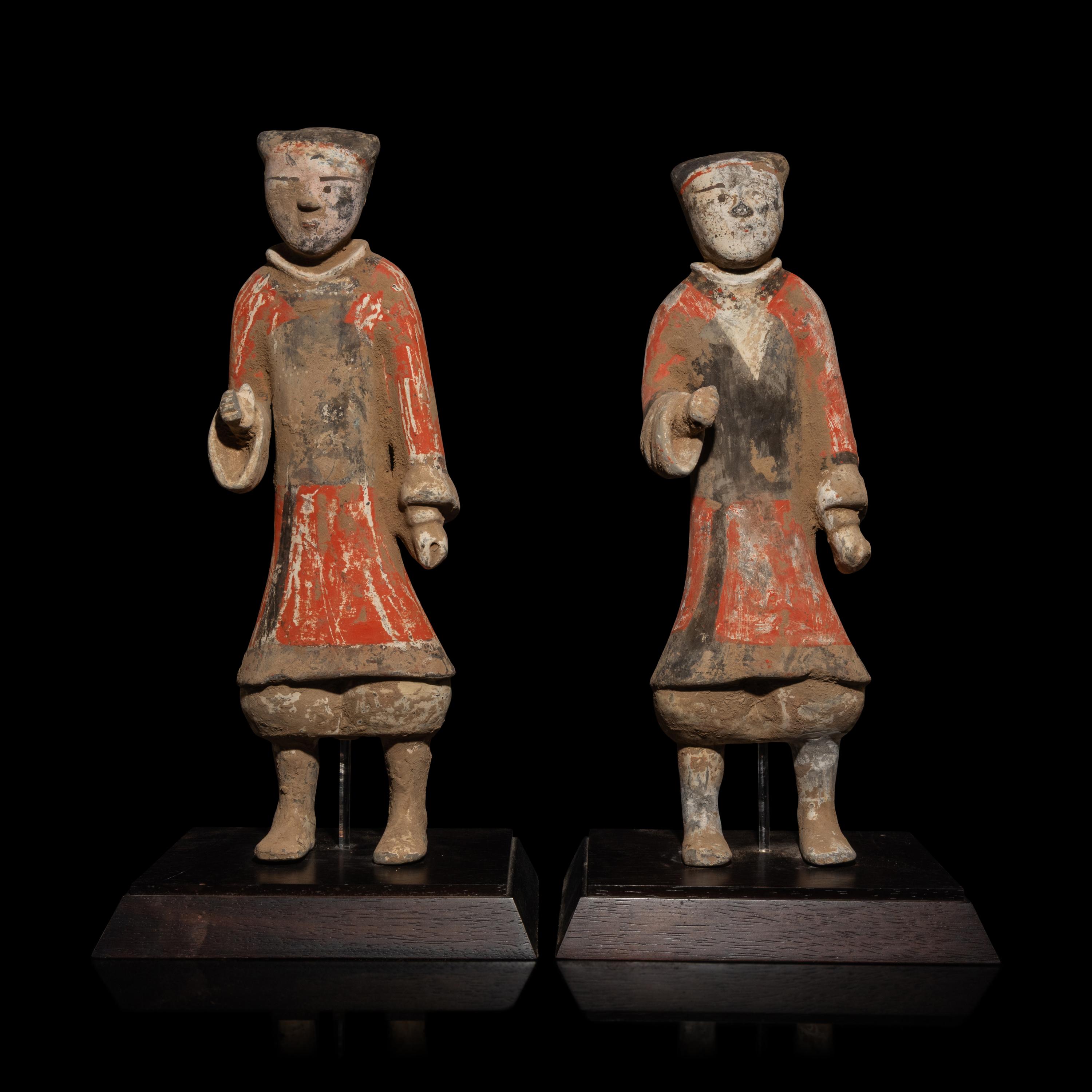 A Pair of Chinese Painted Grey Pottery Standing Figures of Soldiers, Han Dynasty — 漢 彩繪步兵陶俑兩件