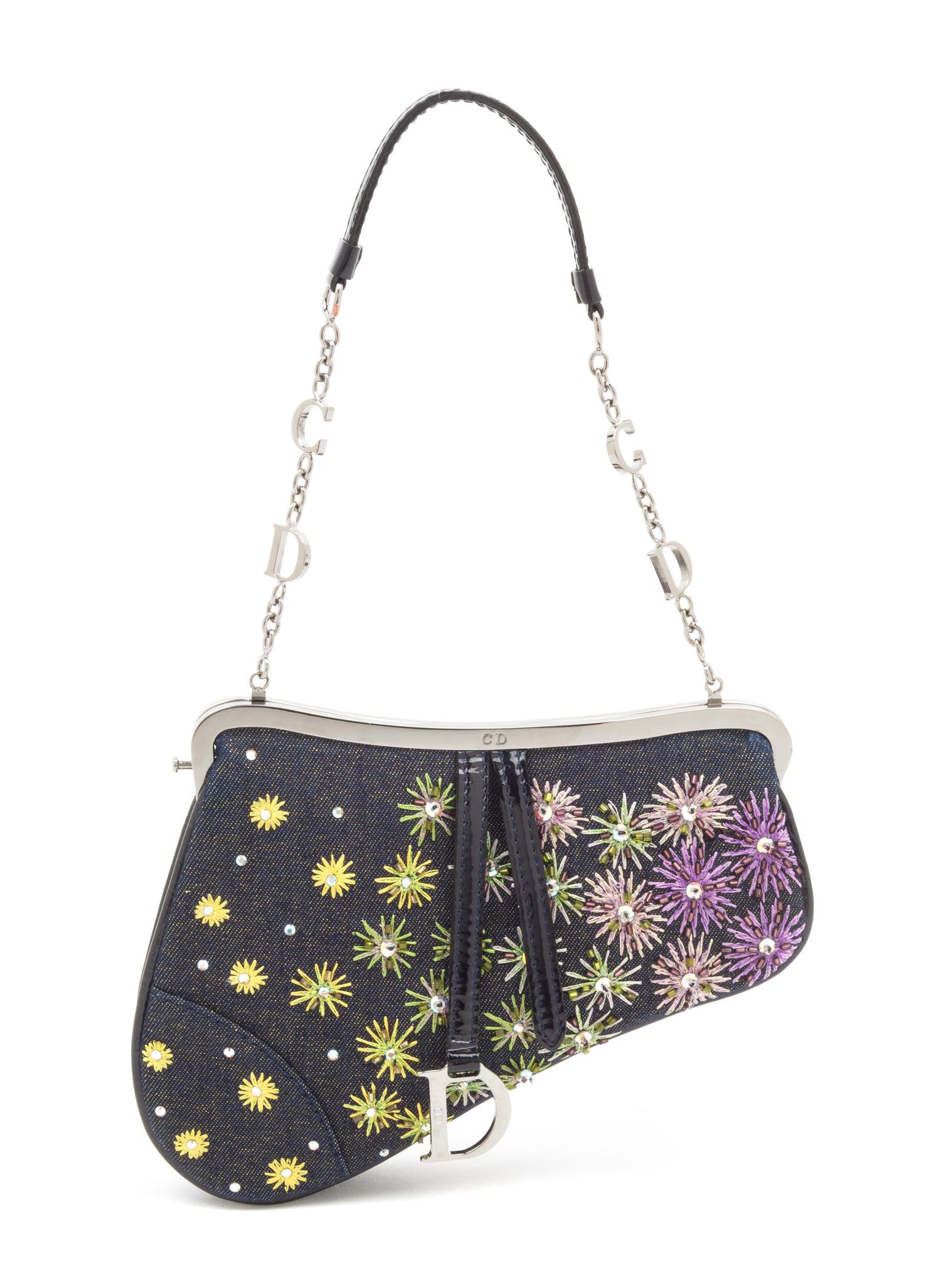A Christian Dior Mini Denim Embellished Saddle Handbag, 7" x 5.5" x 1.25".