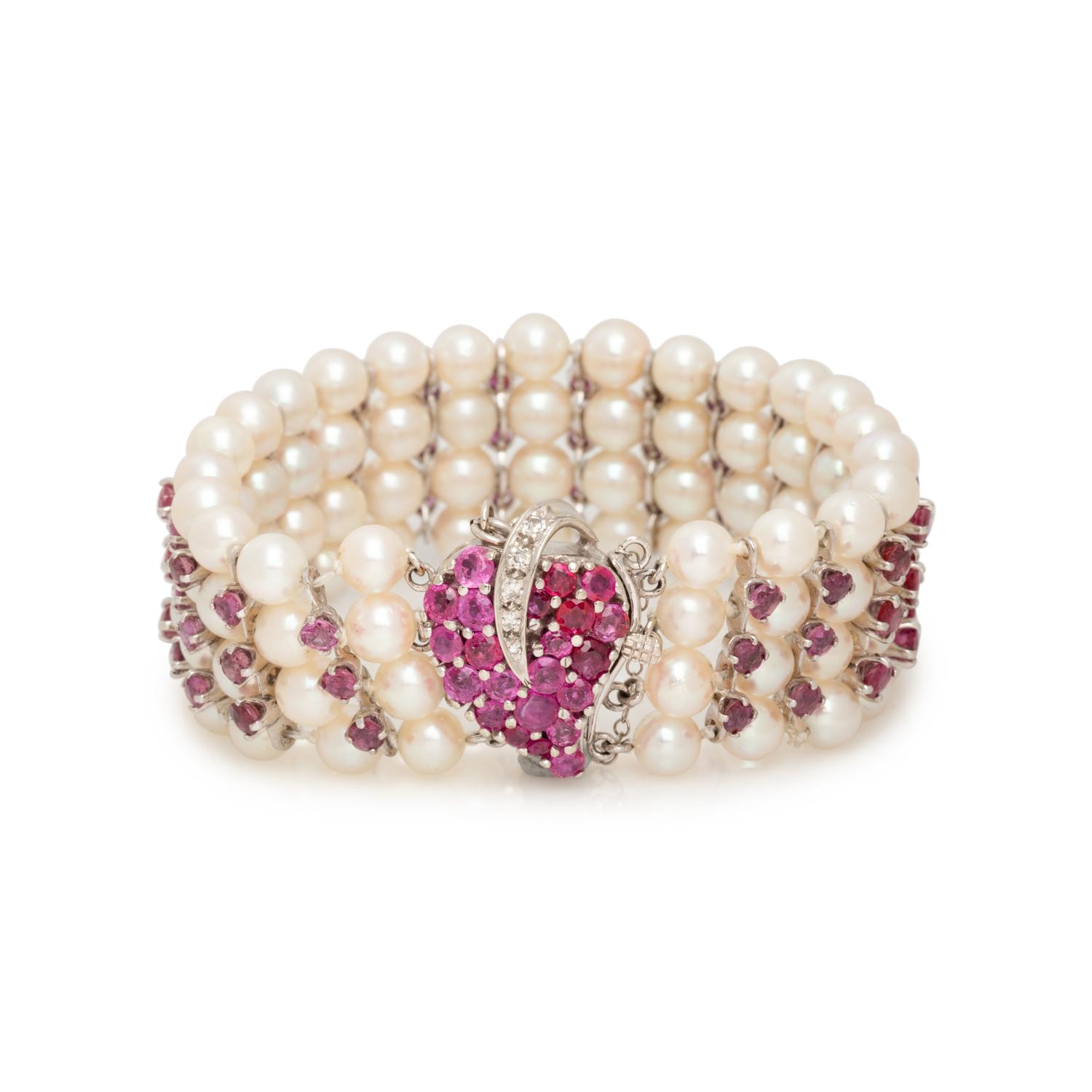 CULTURED PEARL, RUBY AND DIAMOND BRACELET