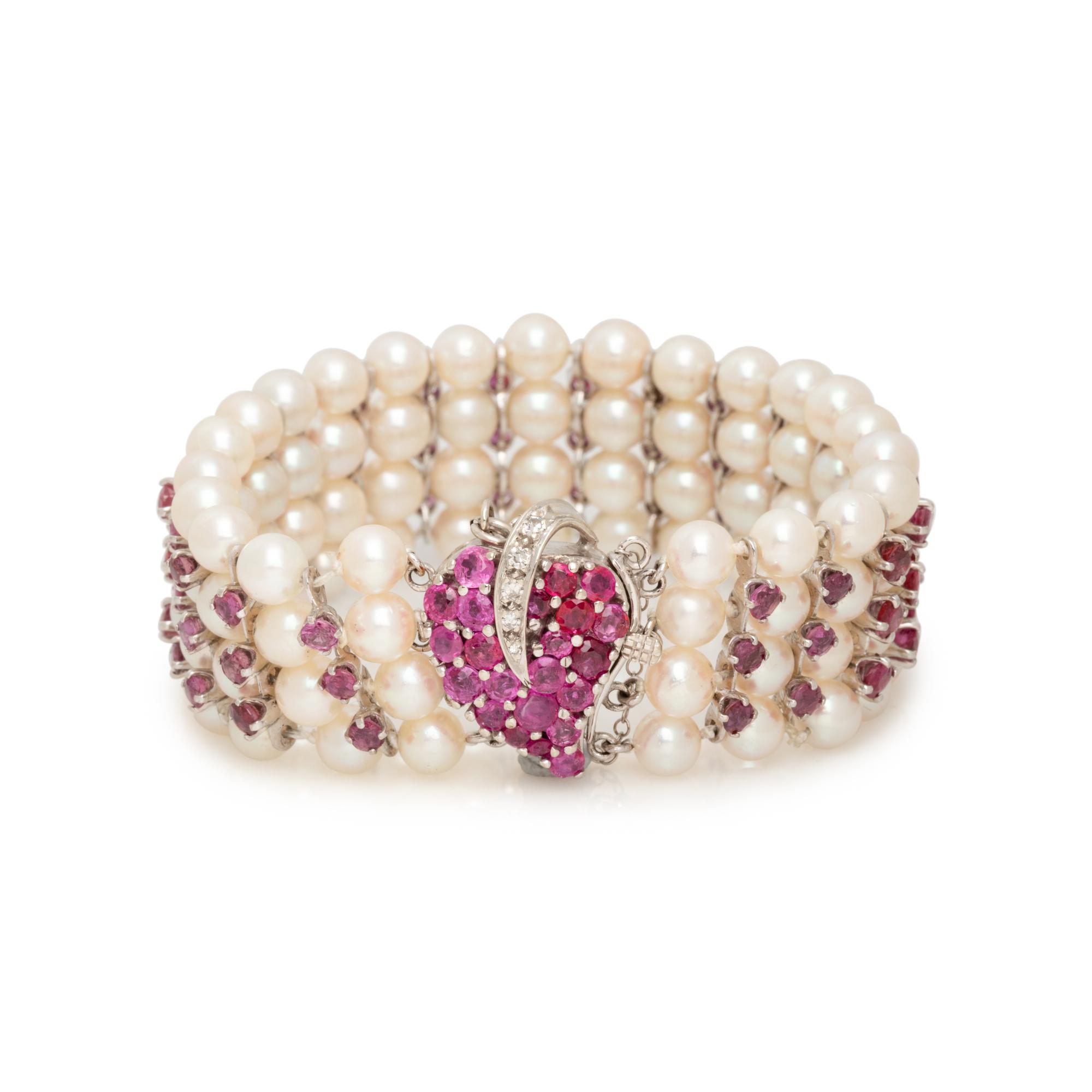 CULTURED PEARL, RUBY AND DIAMOND BRACELET