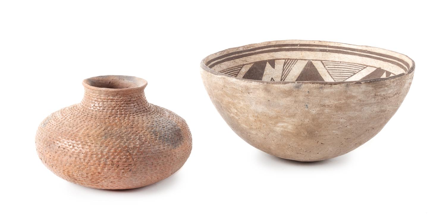 Two Prehistoric Pottery Vessels Diameter of largest 7 5/8 inches