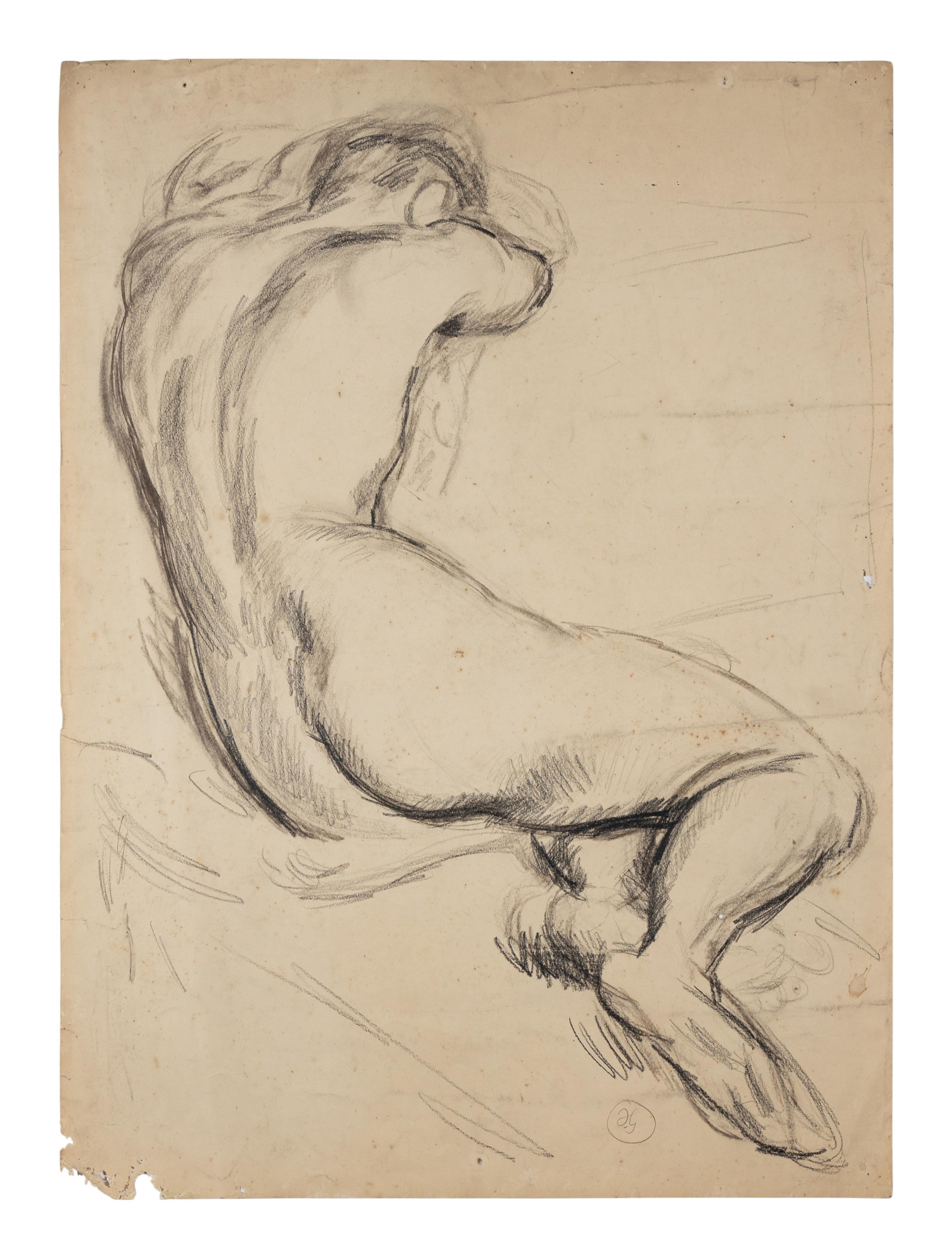 Male Nude (Back View of a Man Resting Against a Bed)