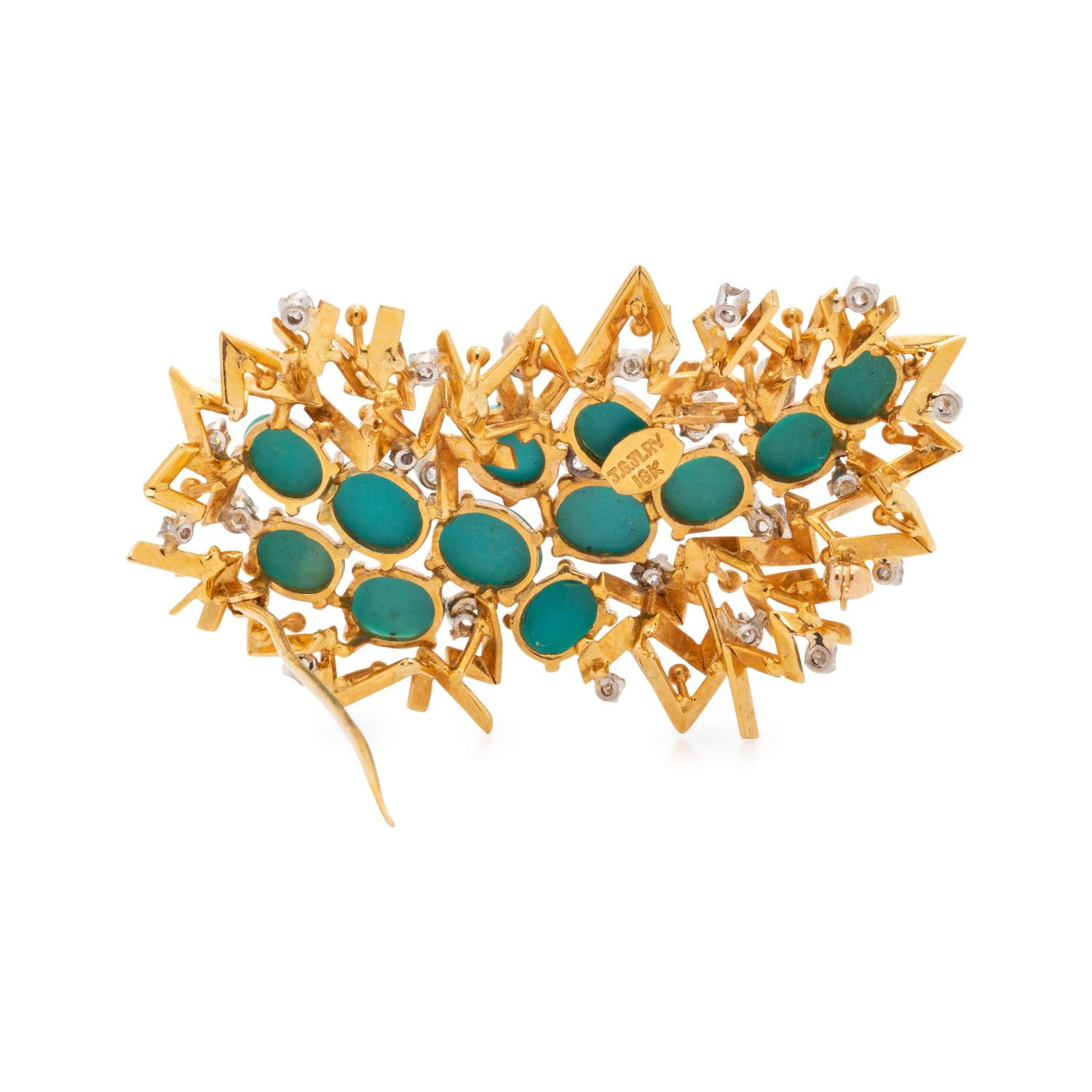 YELLOW GOLD, SYNTHETIC TURQUOISE AND DIAMOND BROOCH