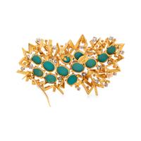 YELLOW GOLD, SYNTHETIC TURQUOISE AND DIAMOND BROOCH