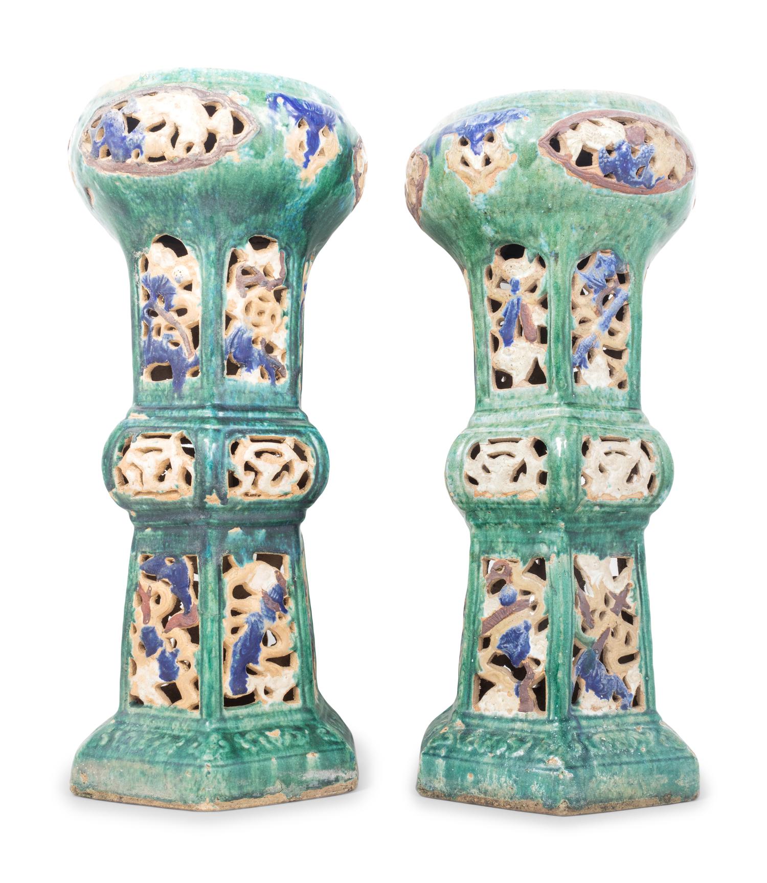 A Pair of Chinese Sancai Glazed Porcelain Reticulated Pedestals