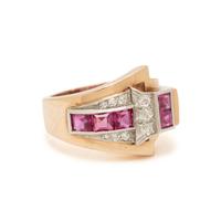 RETRO, ROSE GOLD, PLATINUM, DIAMOND, AND SYNTHETIC RUBY RING